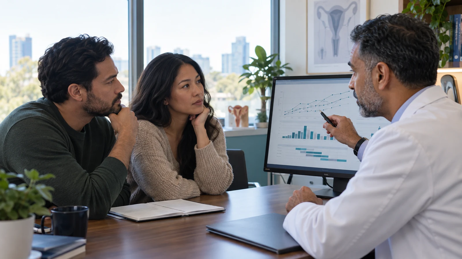 Man and fertility clinician reviewing hormone results and a semen analysis timeline