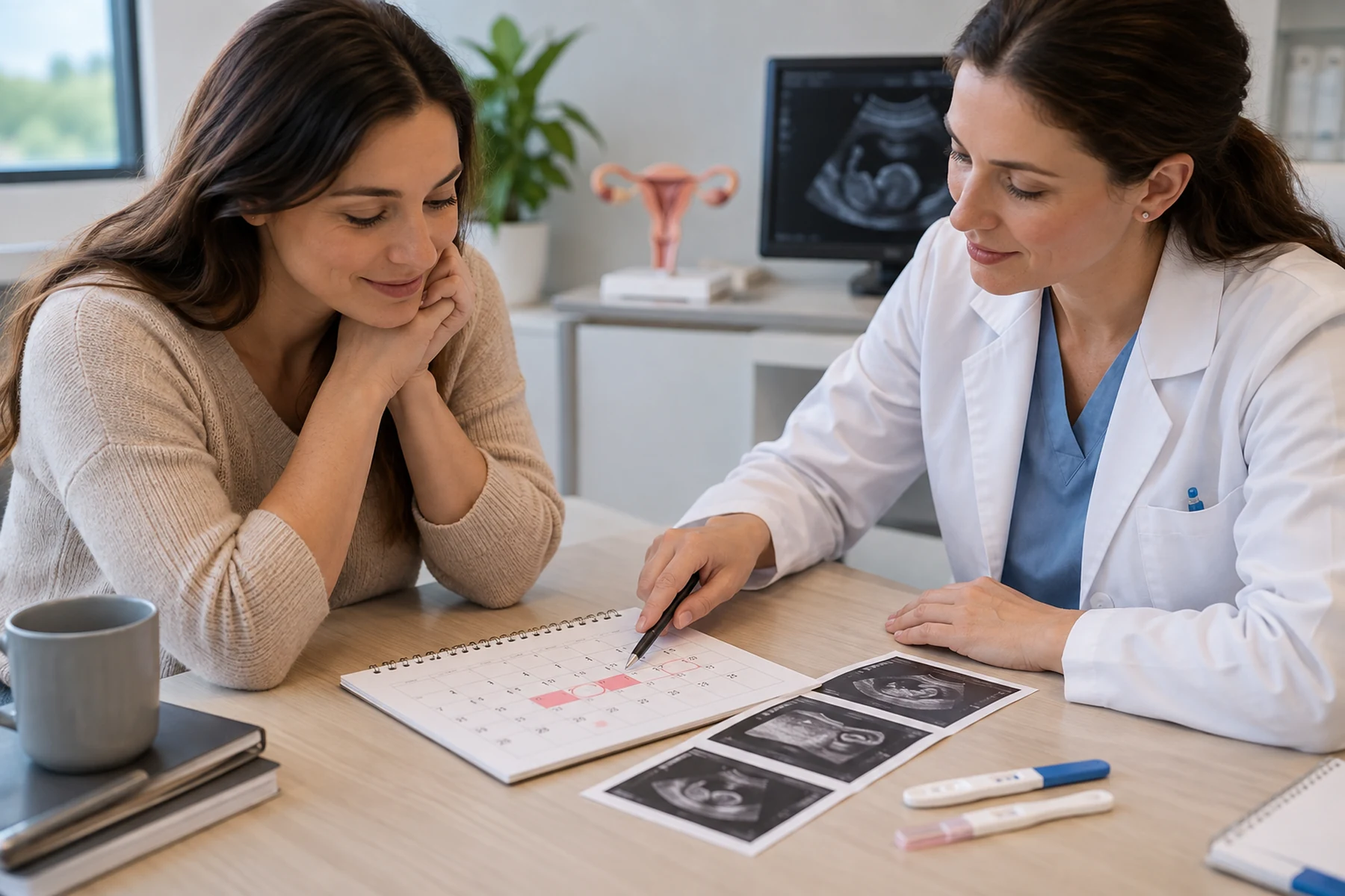Adult reviewing an ovulation calendar, ultrasound plan, and pregnancy-test timing with a fertility clinician
