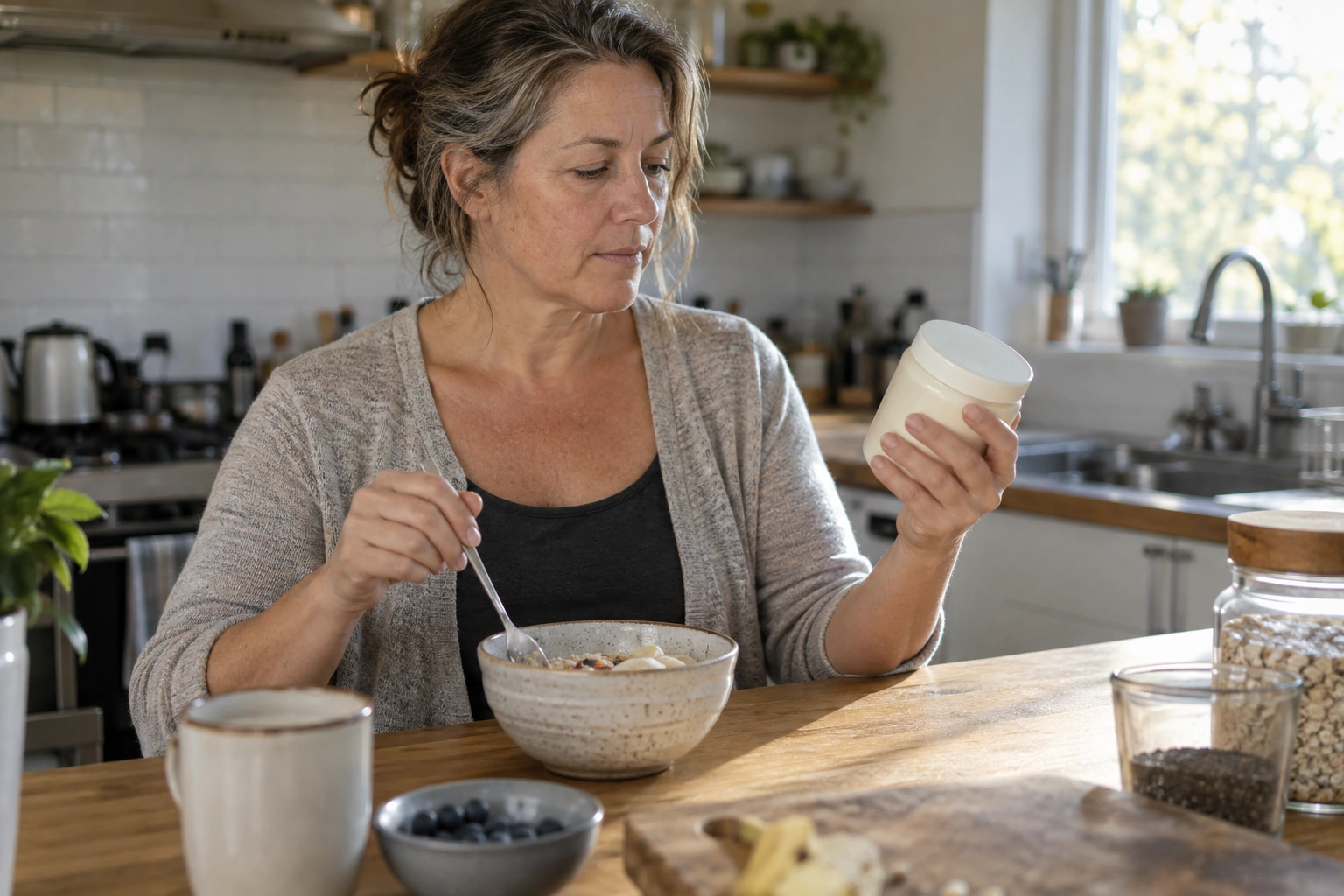 Adult comparing collagen supplement facts with a food-first meal in a kitchen