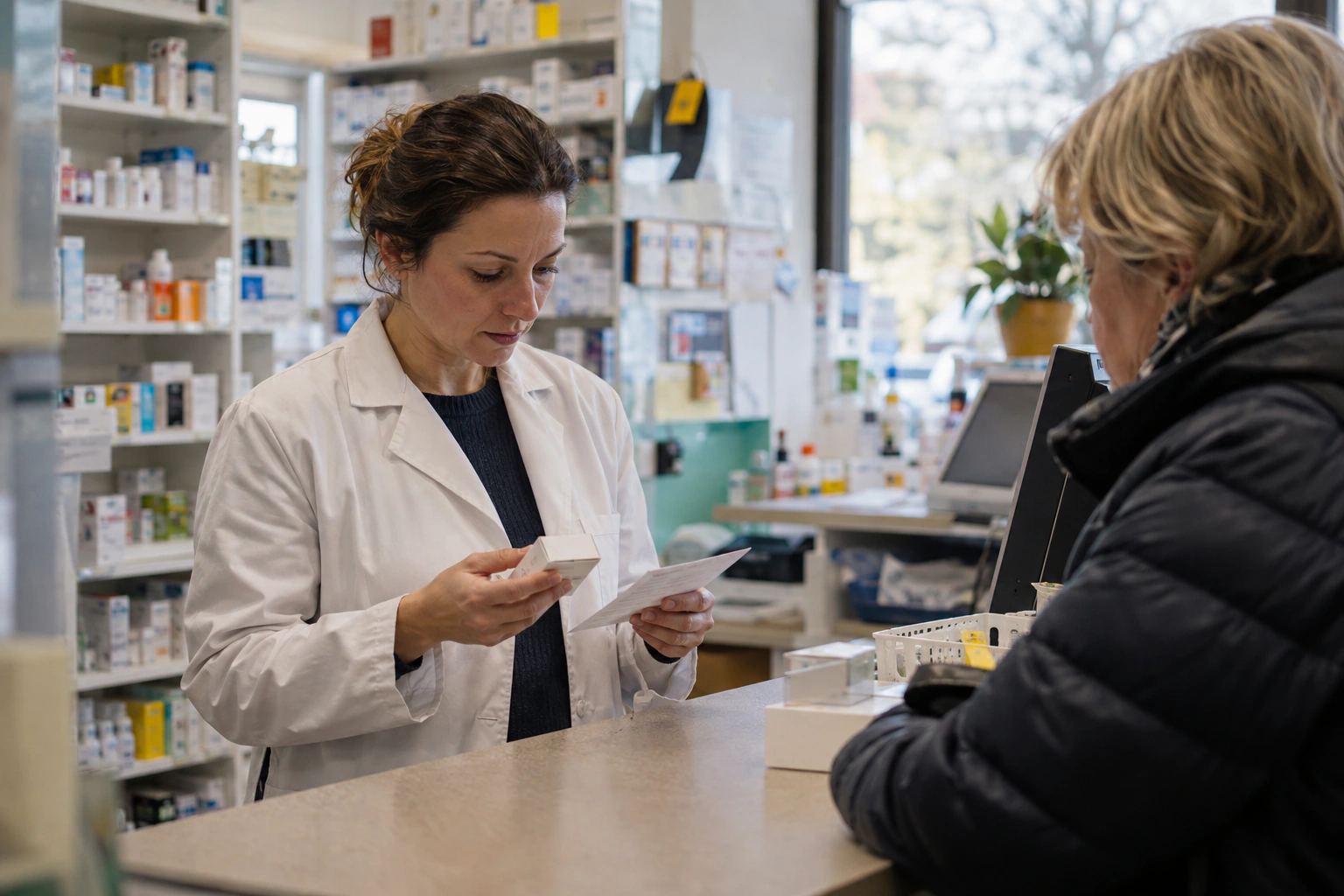 Pharmacist checking a compounded injection vial and syringe instructions with a patient