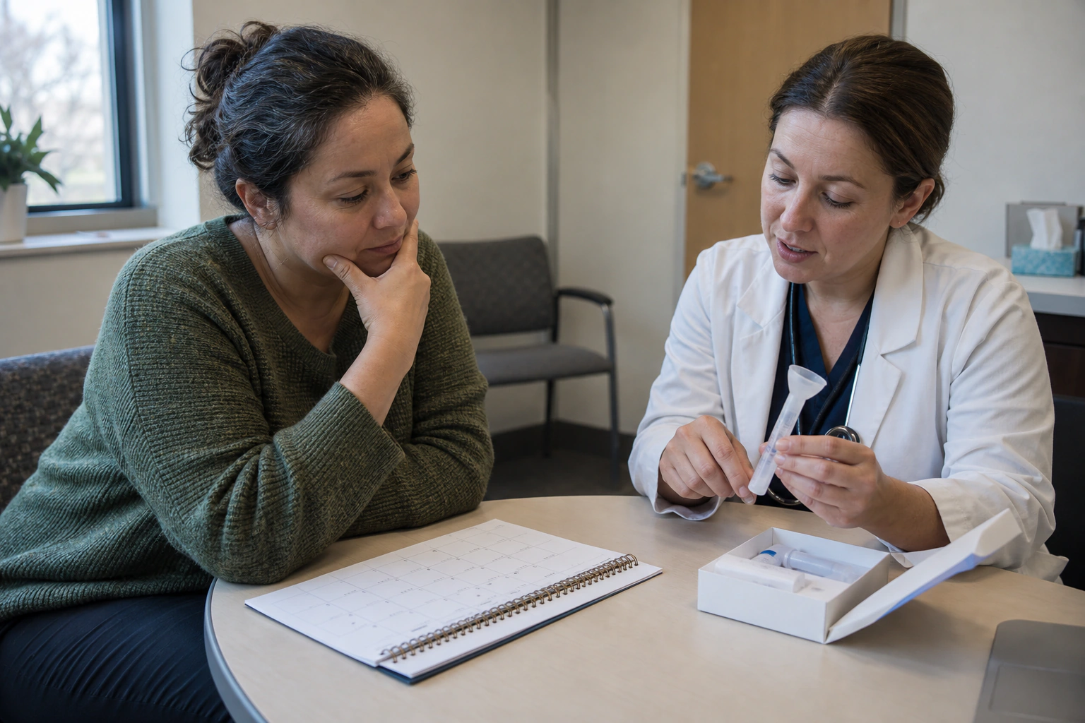 Clinician explaining a timed cortisol sample schedule beside a laboratory report