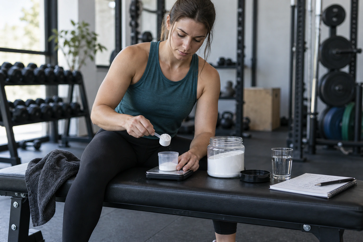 An adult athlete measuring plain creatine beside a training notebook and glass of water