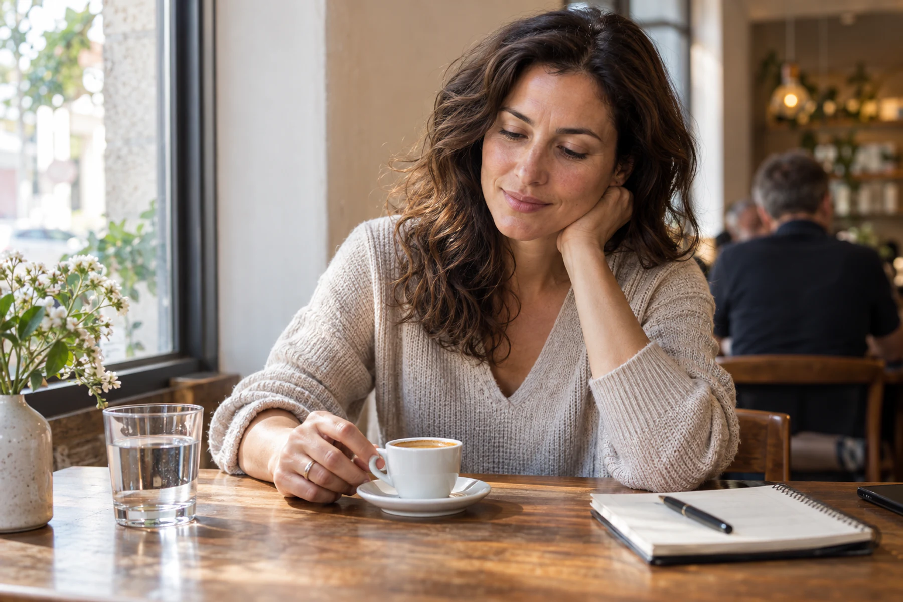 Adult calmly considering a small cup of decaf coffee beside water and a notebook