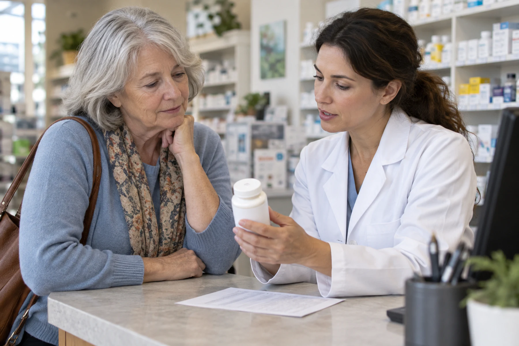 Older adult and pharmacist reviewing an unbranded DHEA supplement and medication list