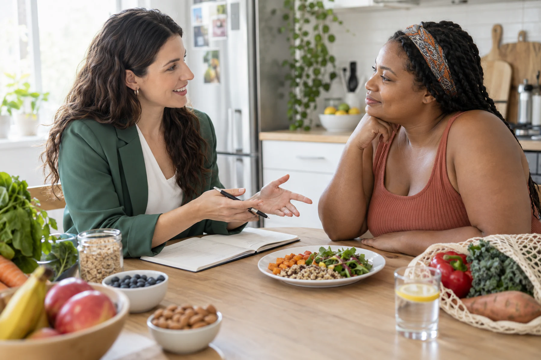 Registered dietitian and adult client discussing ordinary foods and a simple food record
