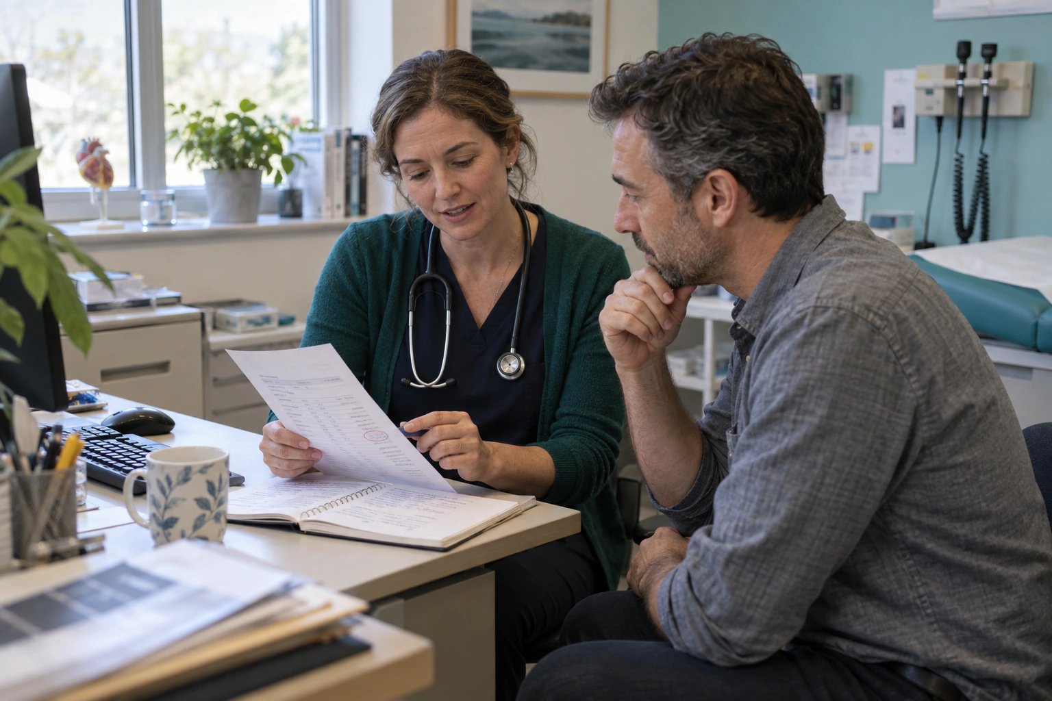 A clinician and adult reviewing a printed laboratory report with one result circled for follow-up