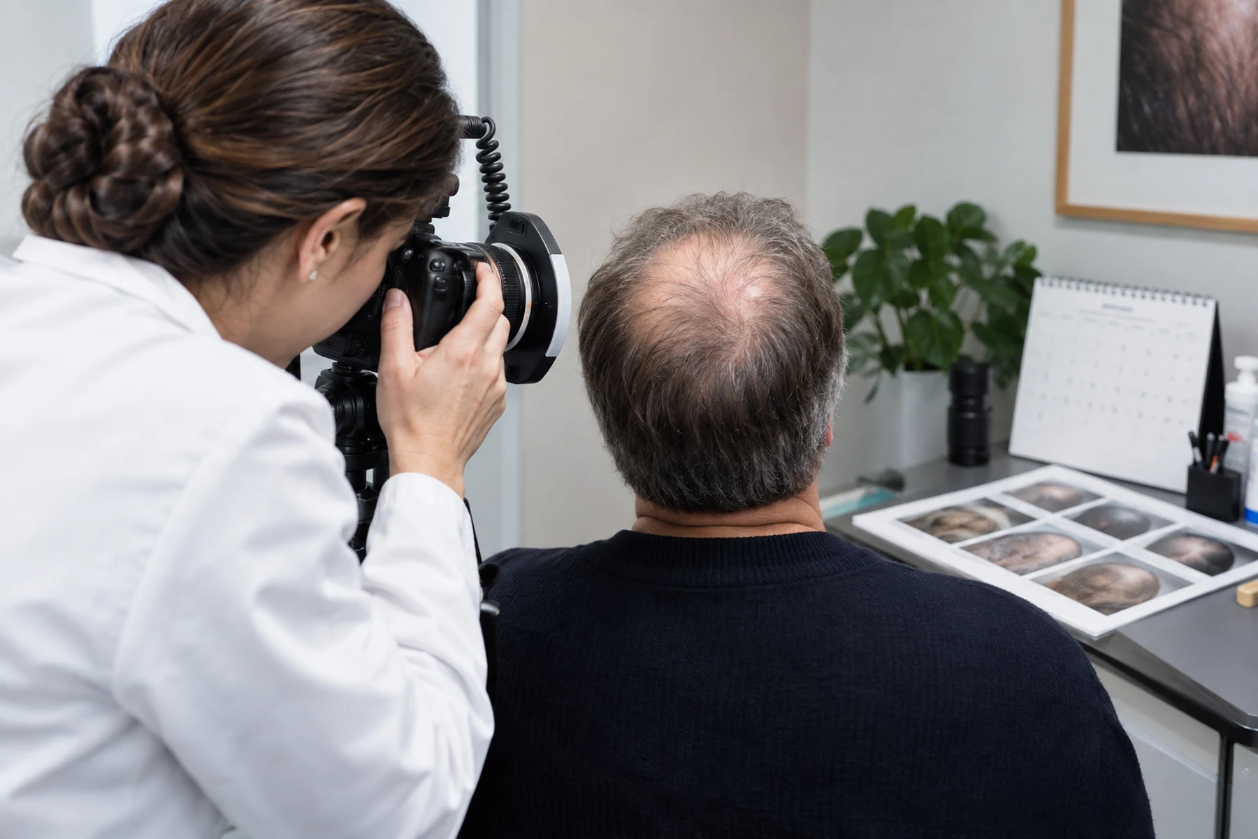 Adult creating standardized scalp photographs and a six-month hair-loss timeline