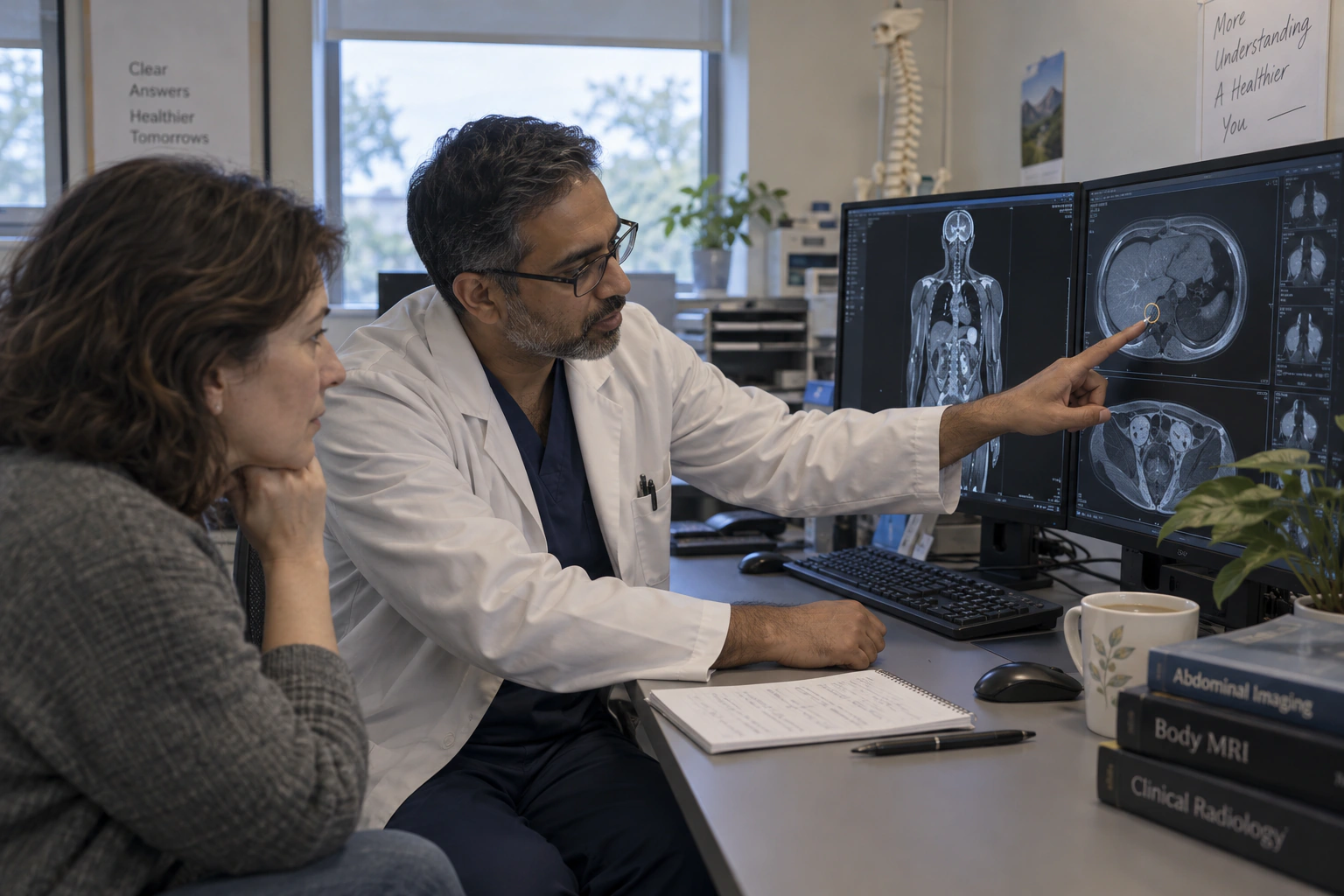 A radiologist explaining an incidental MRI finding to an adult beside a diagnostic workstation