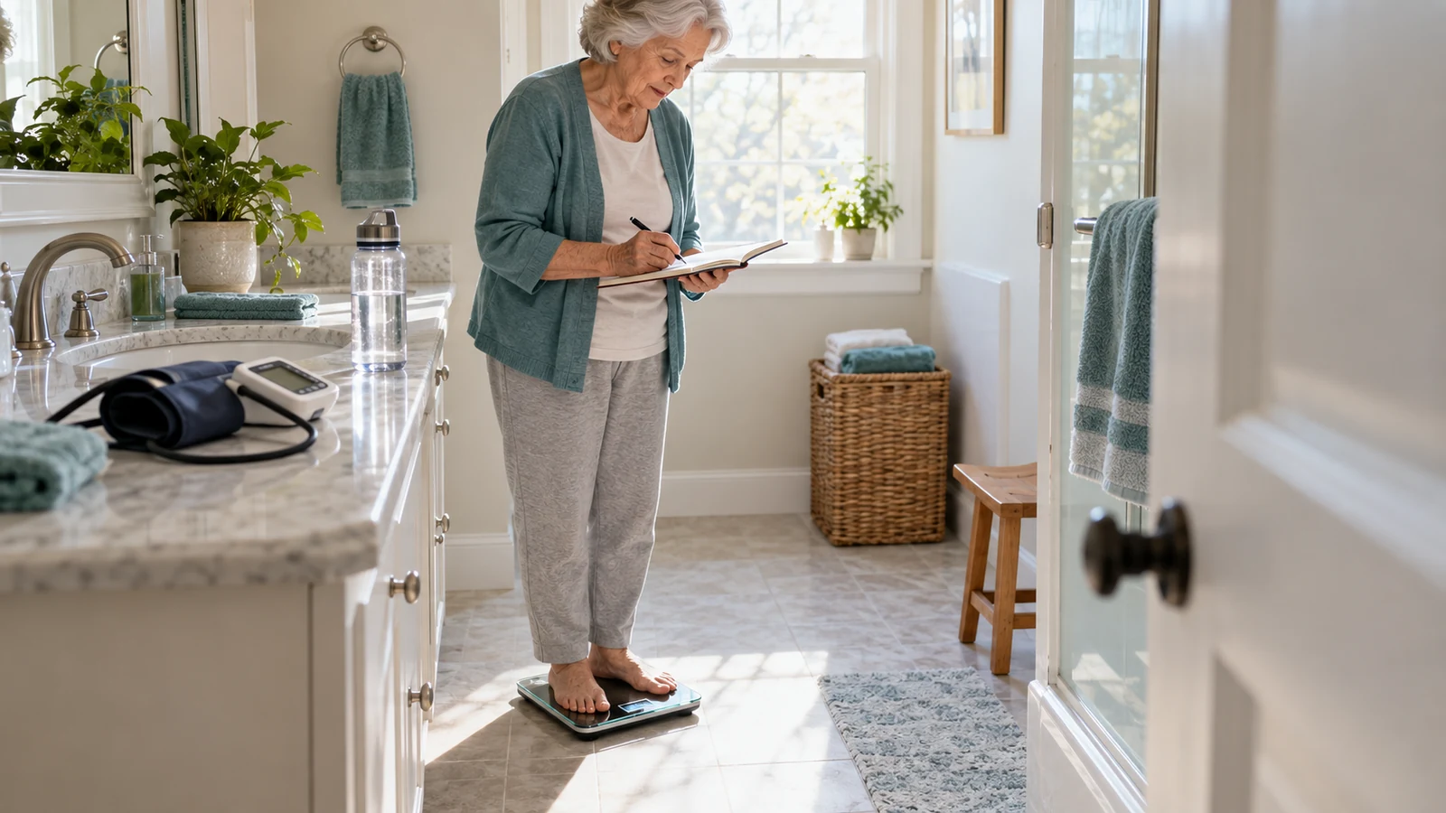 Adult recording a morning weight and ankle swelling beside a home blood pressure monitor