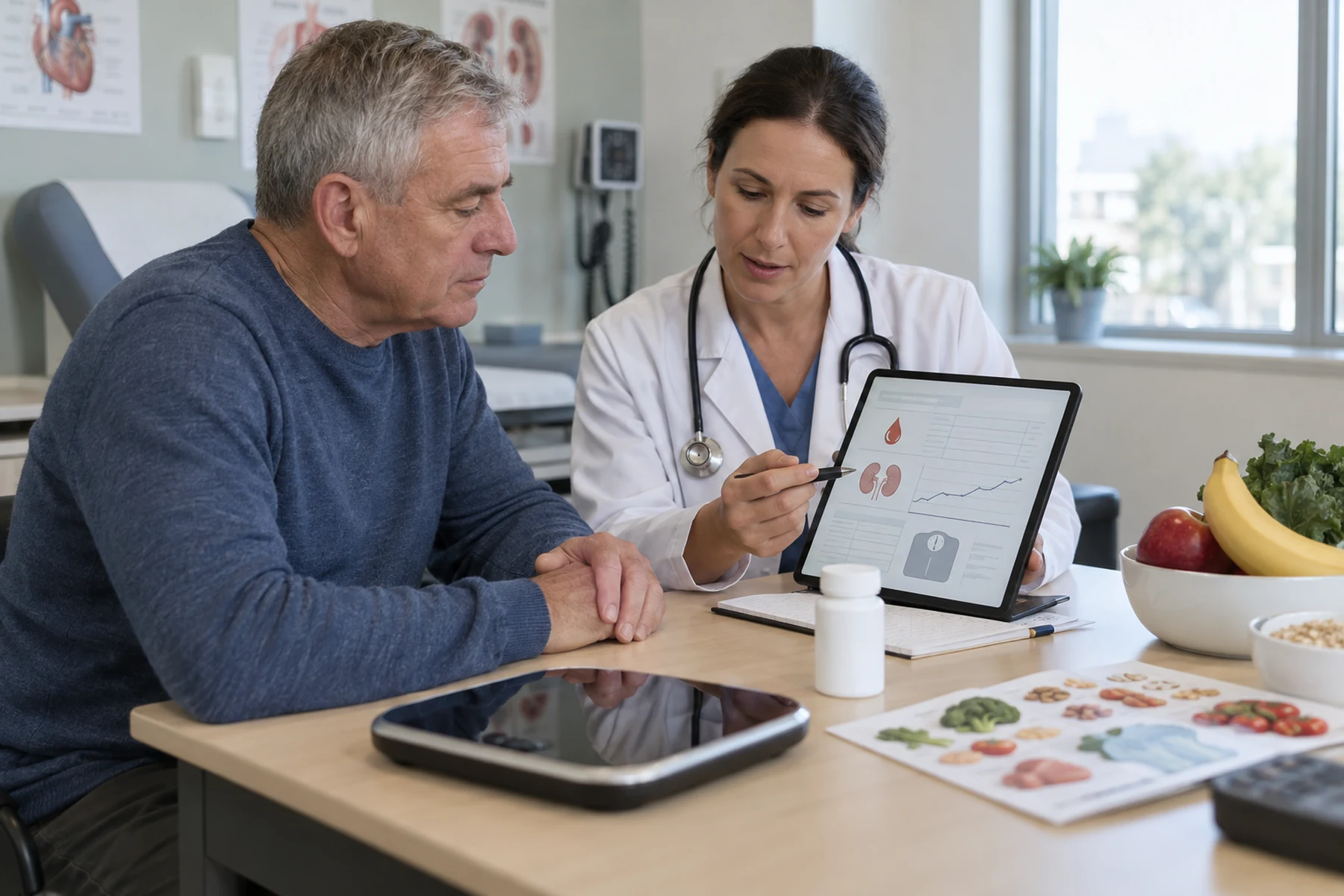 Adult and clinician reviewing furosemide, laboratory potassium, kidney function, and a food list