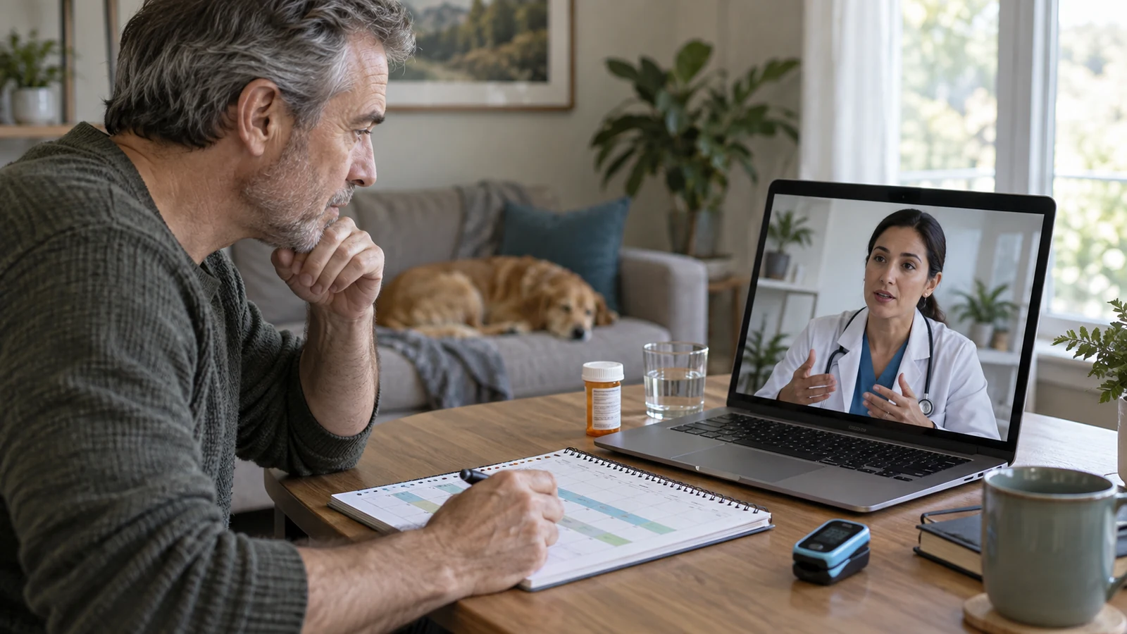 Adult reviewing a gabapentin dose schedule and daytime alertness notes with a pharmacist