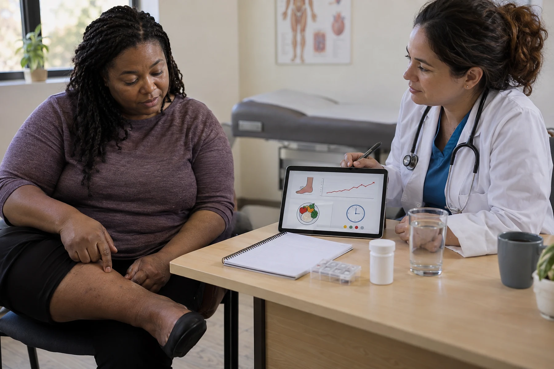 Adult comparing ankle swelling, weight trend, appetite, and medication timing with a clinician