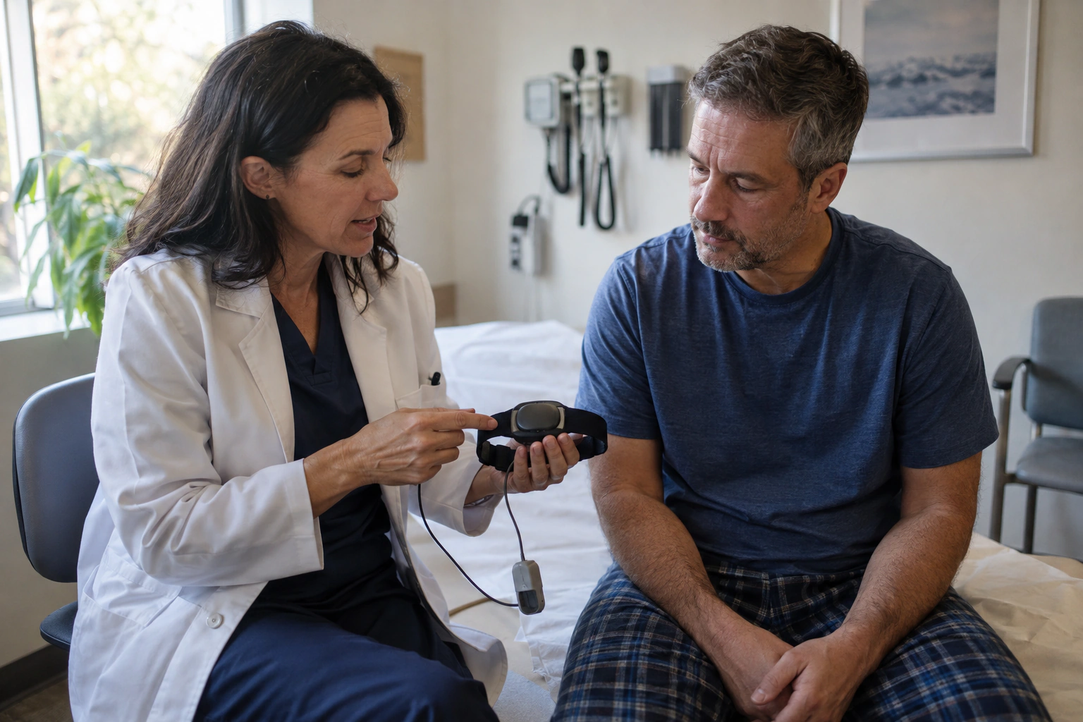 Adult reviewing a home sleep study kit with a clinician in a realistic consultation