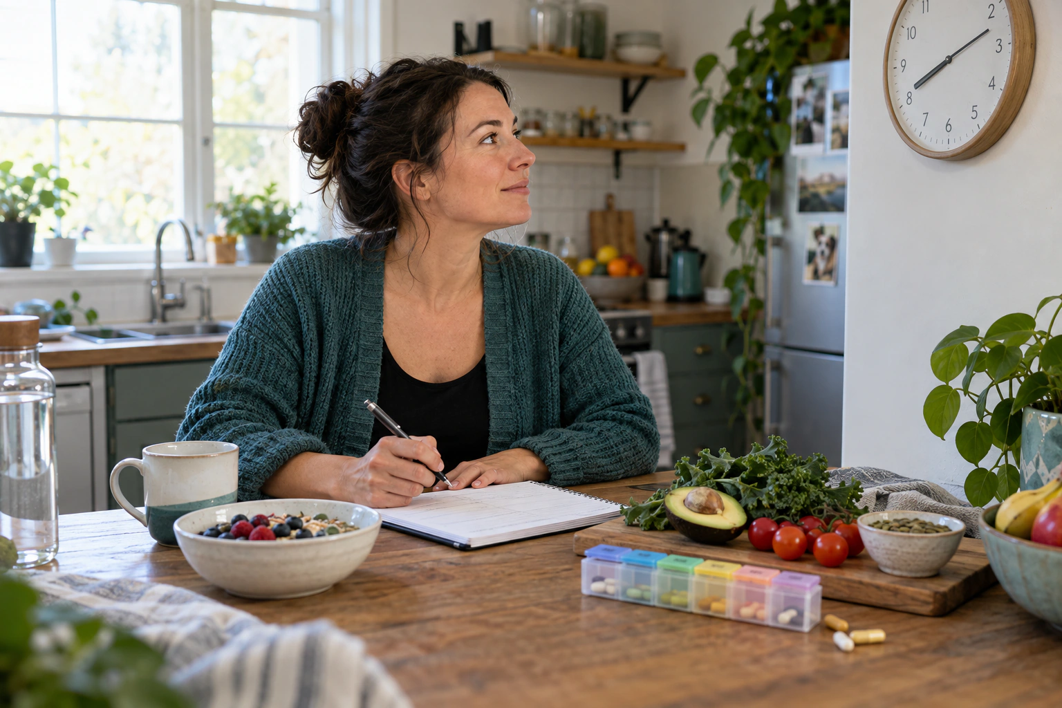 An adult planning balanced meal timing on a paper schedule in a bright home kitchen