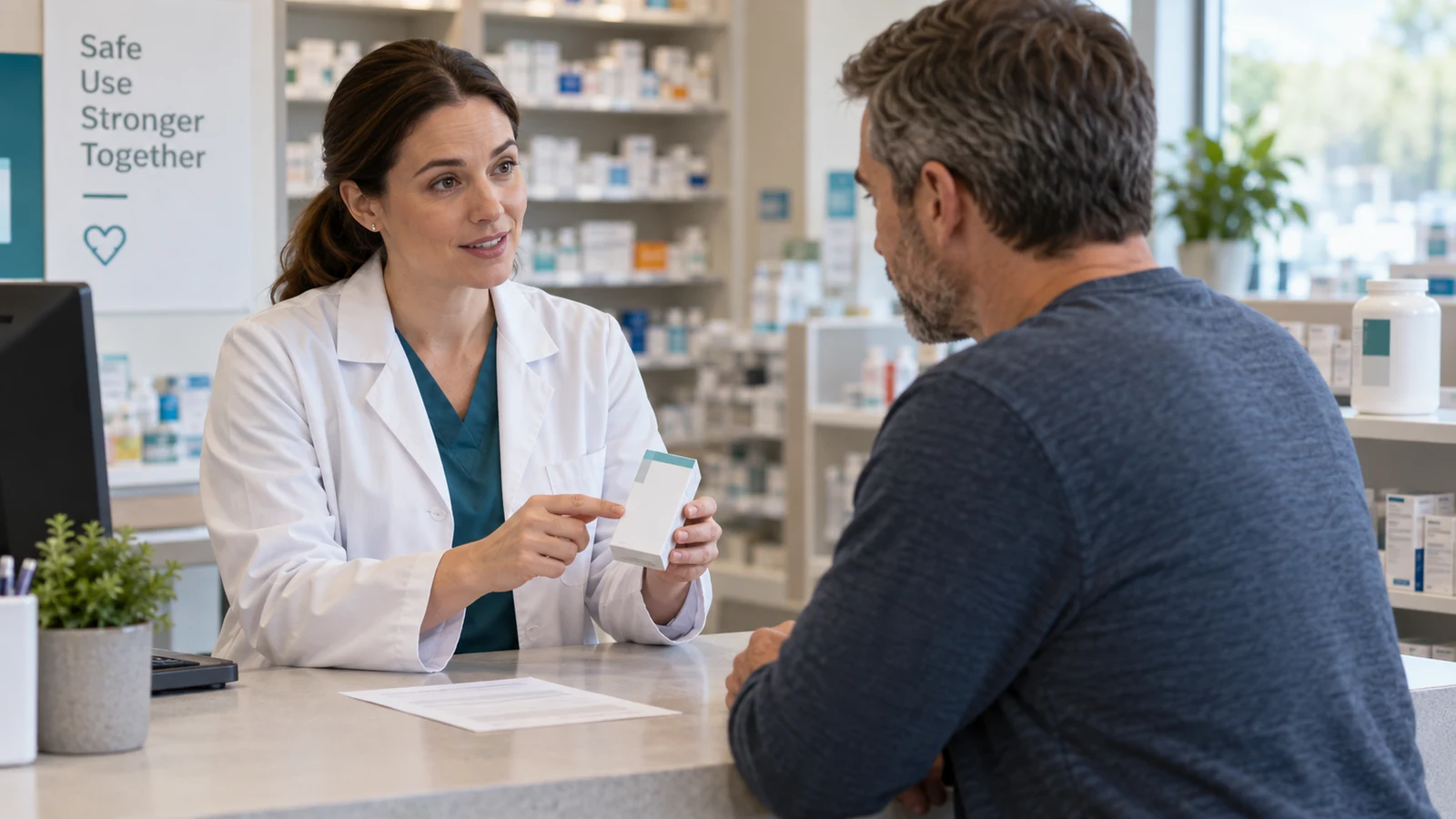 Pharmacist comparing human prescription packaging with a clearly separated veterinary container
