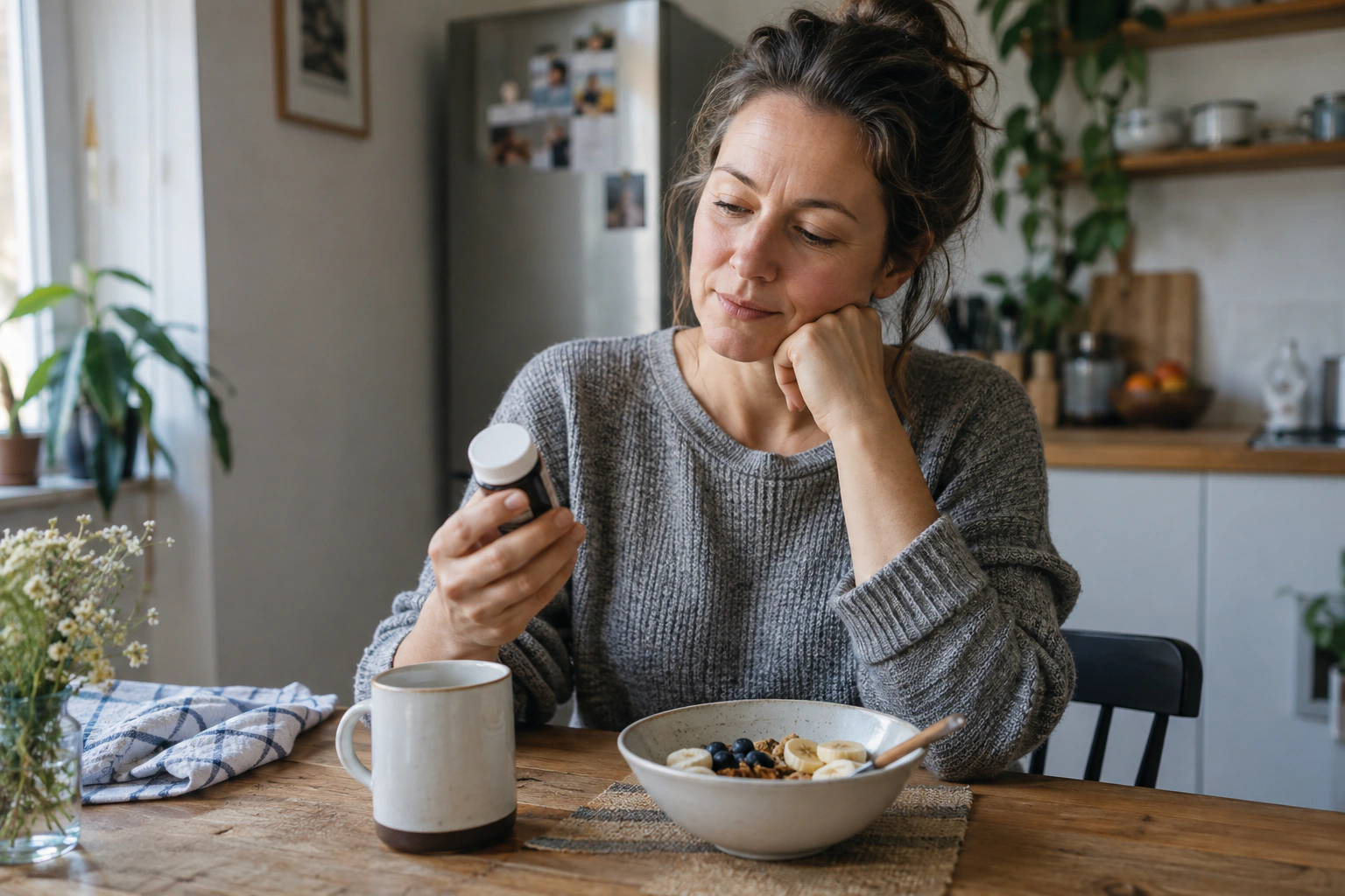 Adult reviewing a ketone meter beside an ordinary meal plan without brand logos