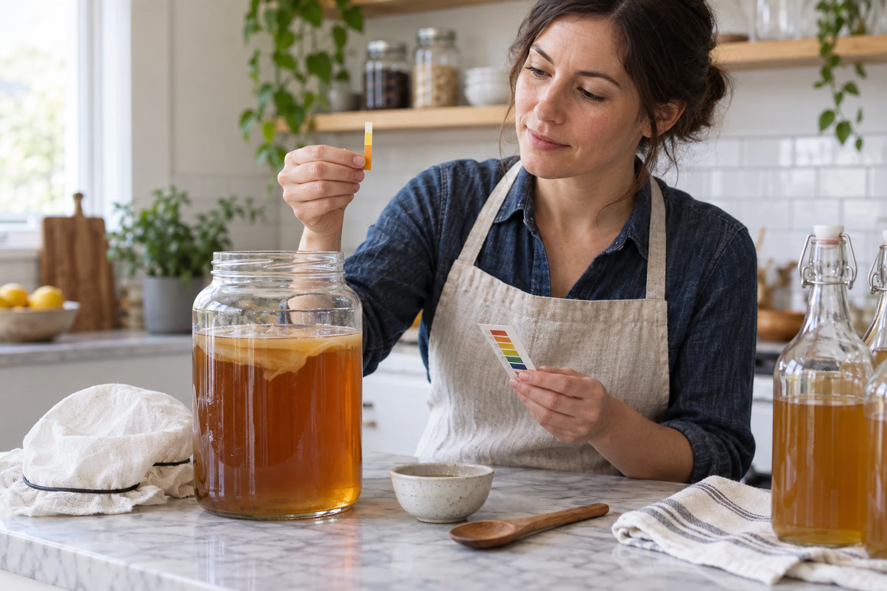 Home brewer checking kombucha acidity with a pH strip in a clean kitchen