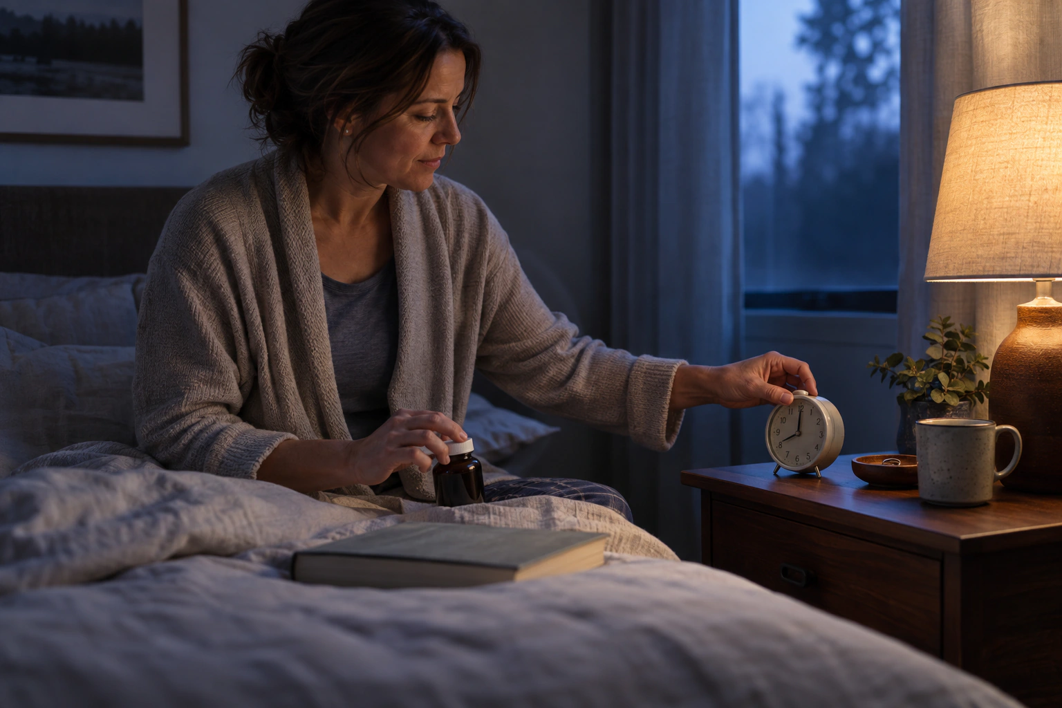 An adult preparing a low-light bedtime routine with a clock and a closed melatonin bottle