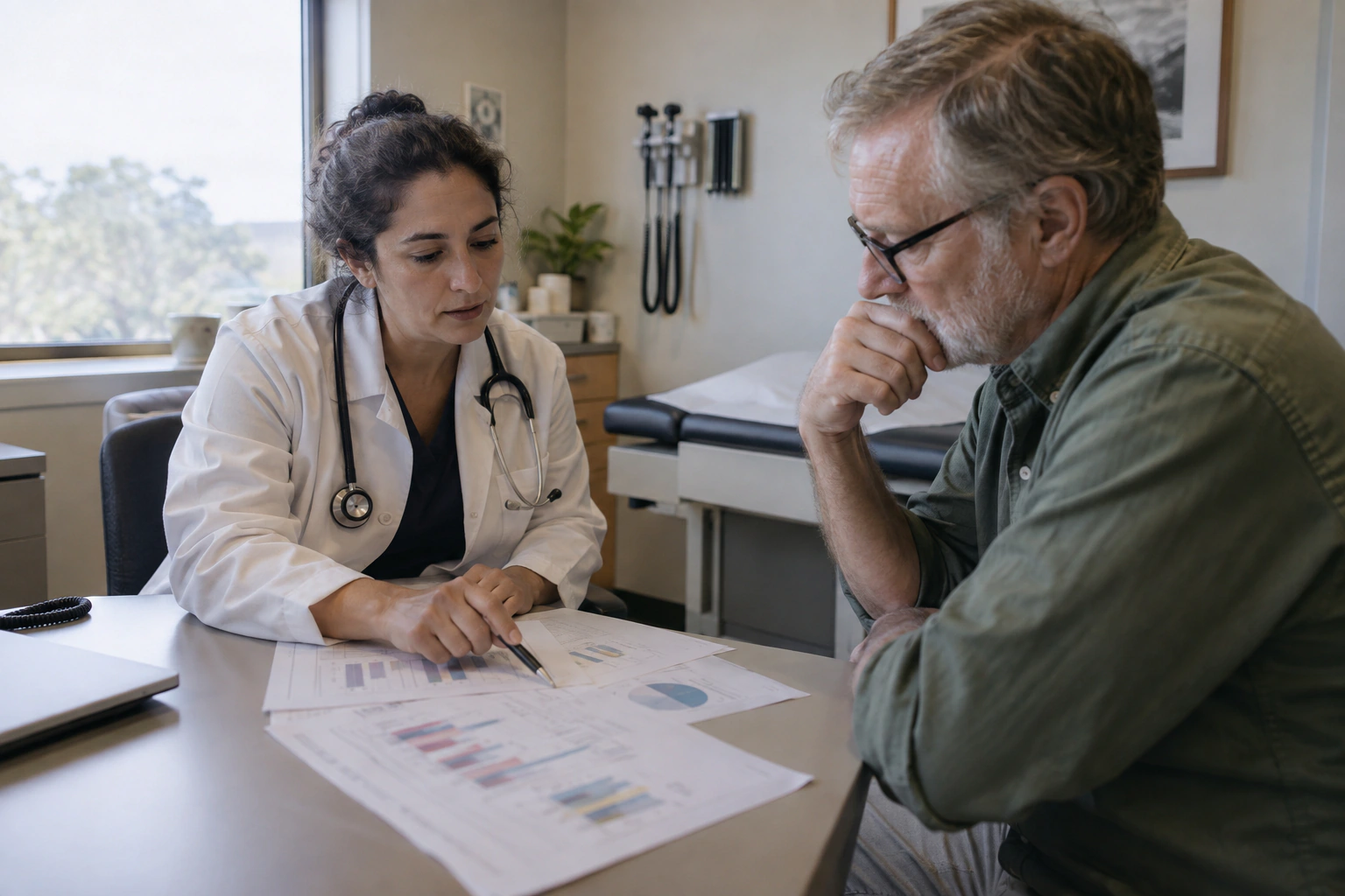 Clinician and adult reviewing a non-branded microbiome report with careful attention