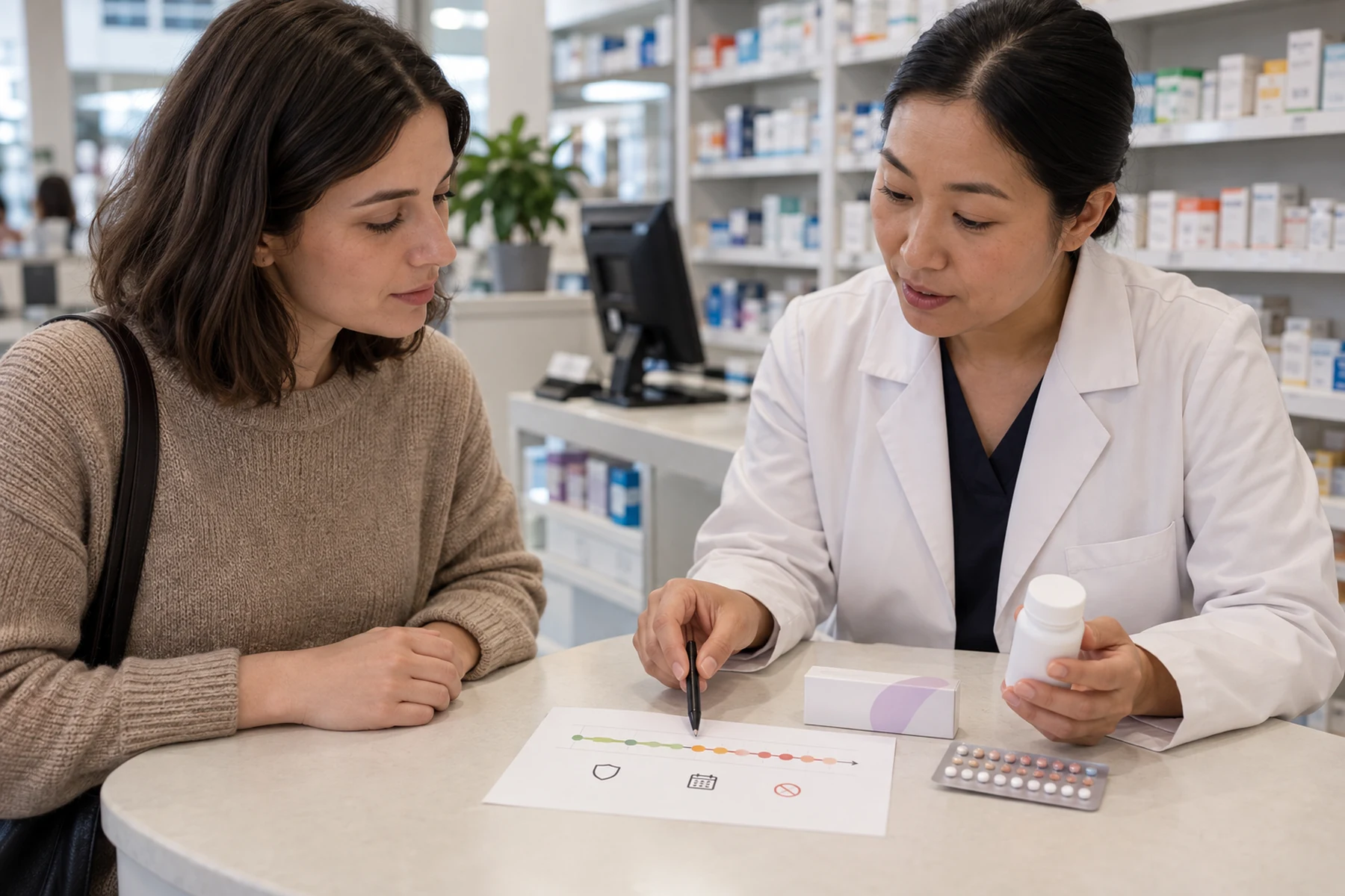 Adult reviewing modafinil, hormonal contraception, and a backup-method timeline with a pharmacist