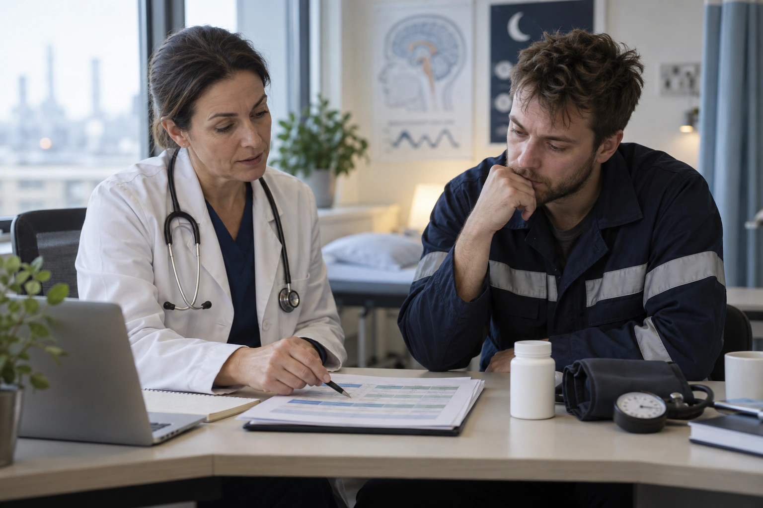 A sleep clinician reviewing a shift schedule and prescription safety plan with an adult worker