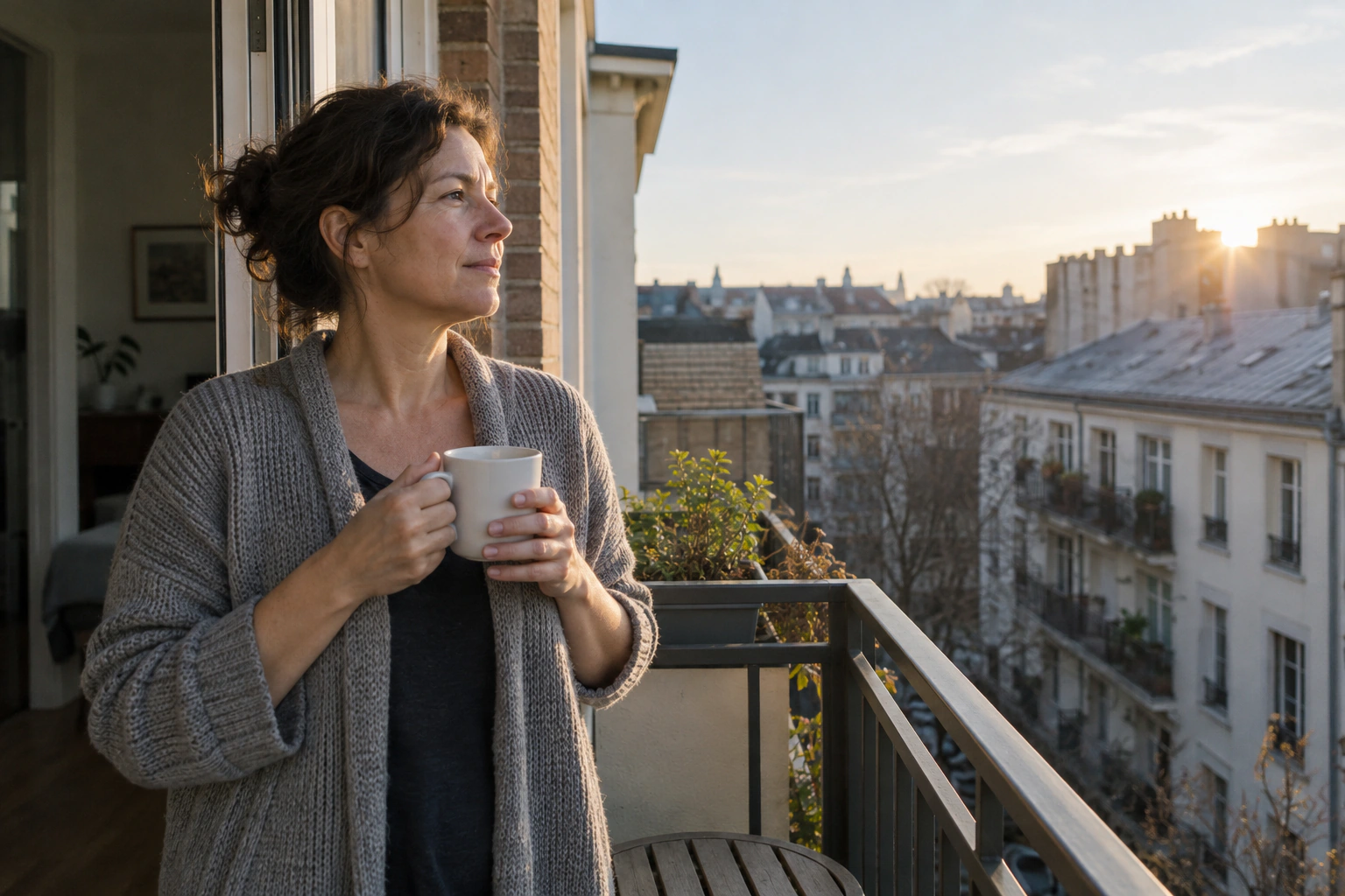 Adult on a calm daylight walk after waking, with natural city light