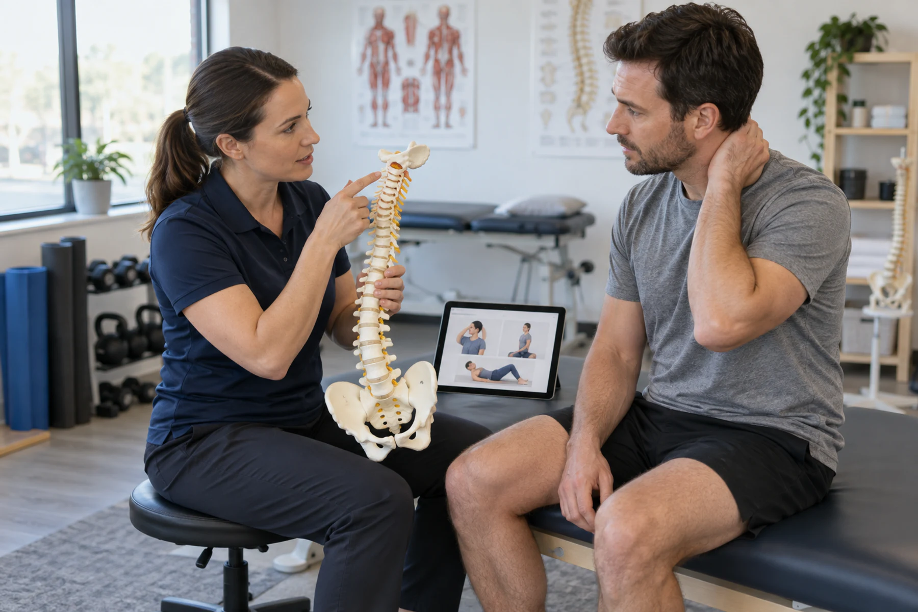Clinician discussing neck pain options with an adult using a spine model before treatment