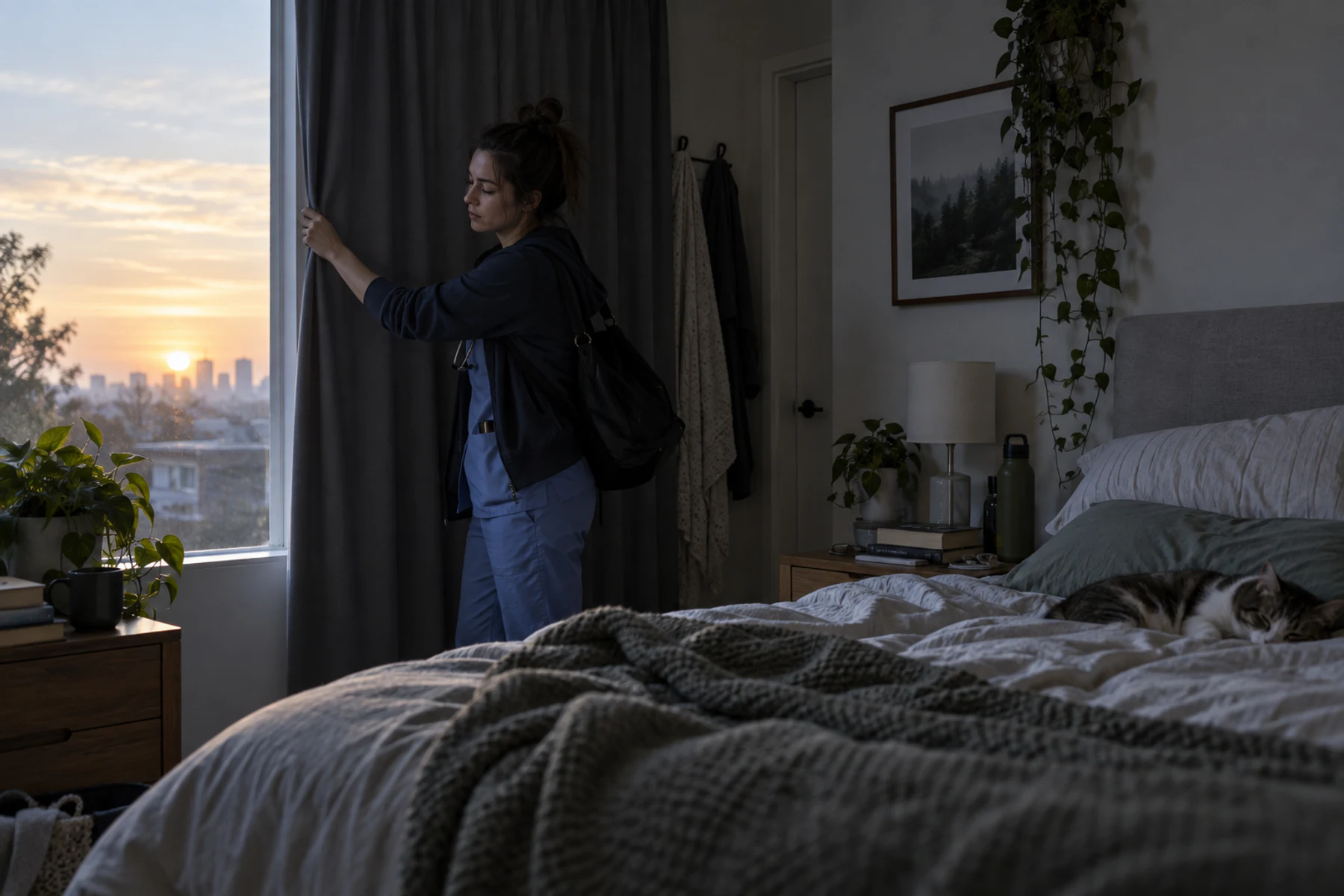 Night-shift worker closing blackout curtains after arriving home at dawn