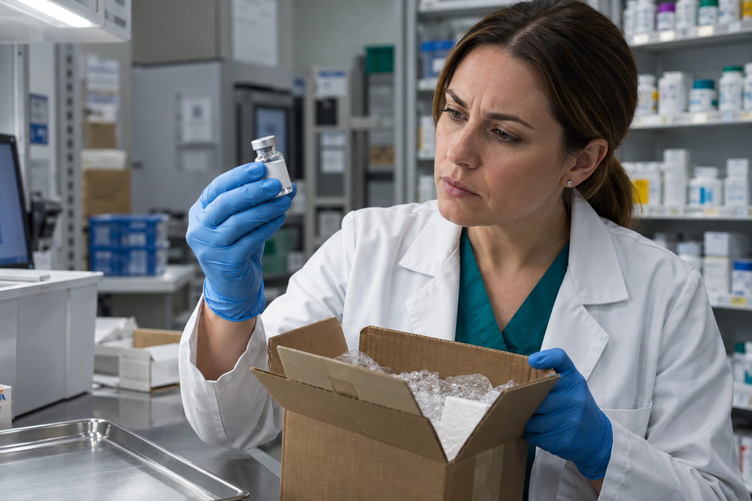 A pharmacist inspecting an unverified research peptide vial and shipping package under bright task lighting