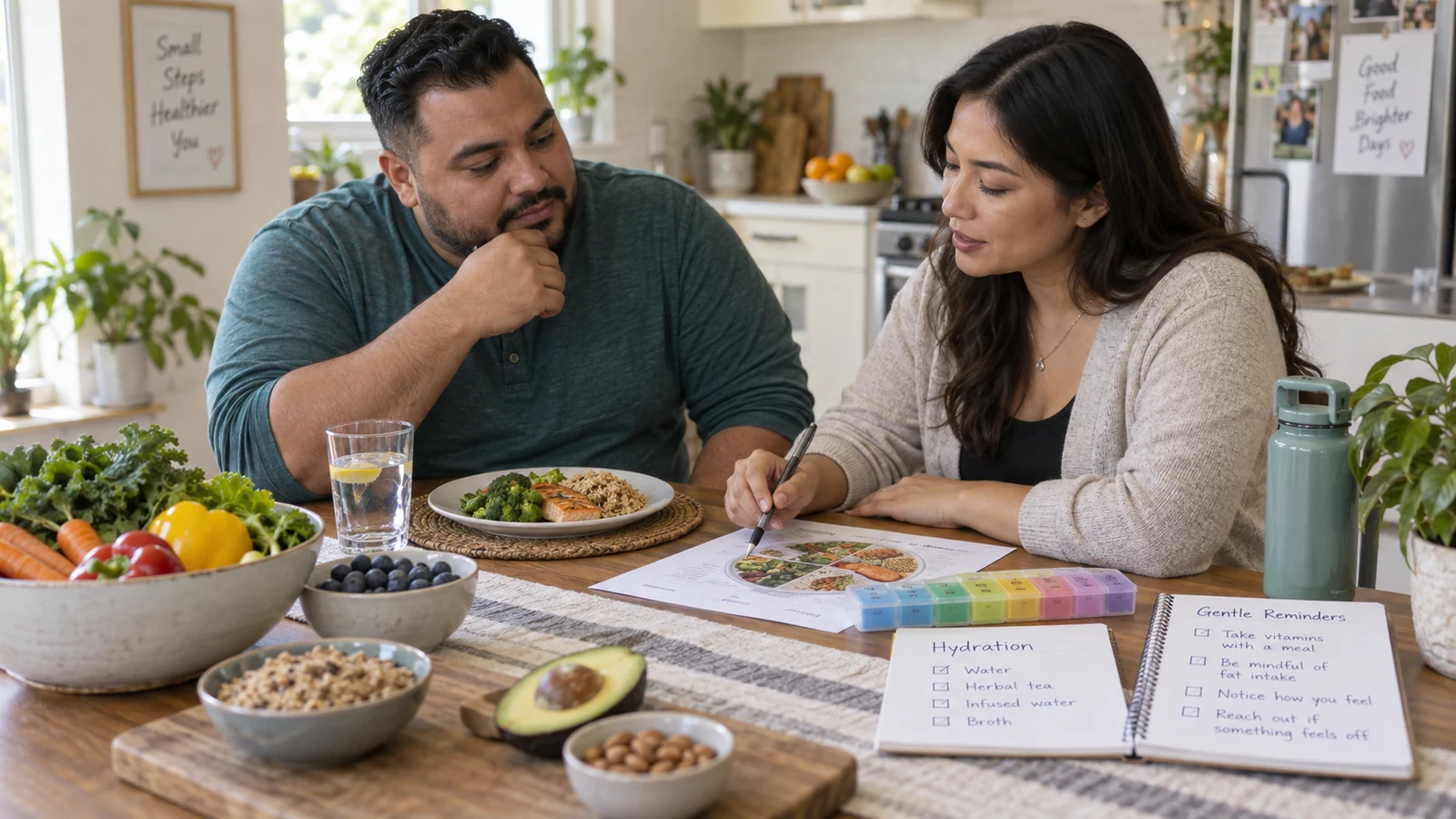 Adult planning a balanced lower-fat meal and vitamin timing beside an unbranded medication bottle
