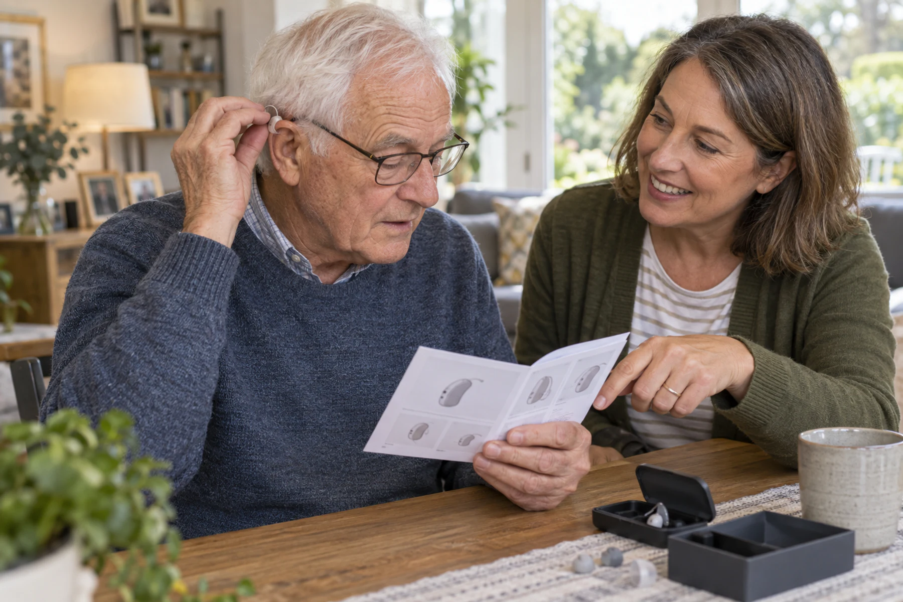 Older adult fitting a discreet over-the-counter hearing aid at home with family support