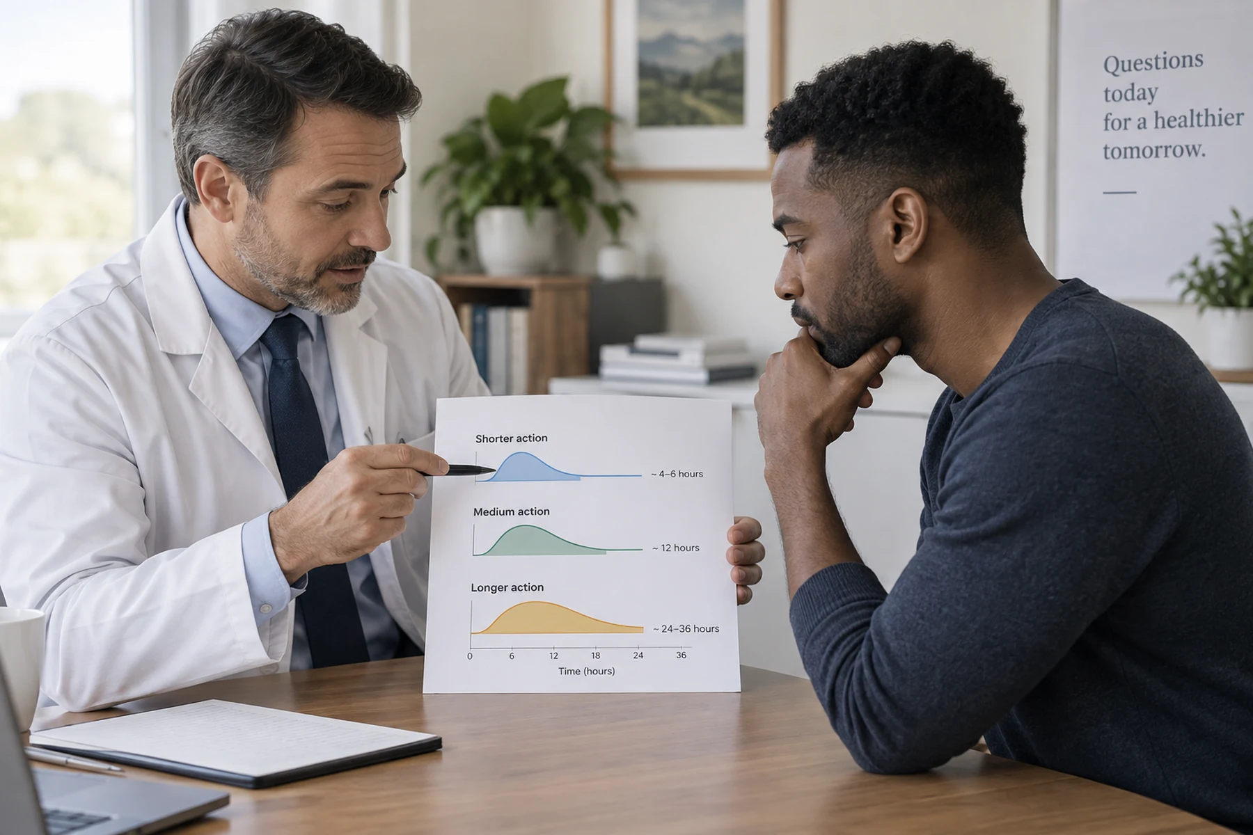 Clinician comparing three erectile dysfunction medicine timing profiles on a neutral chart