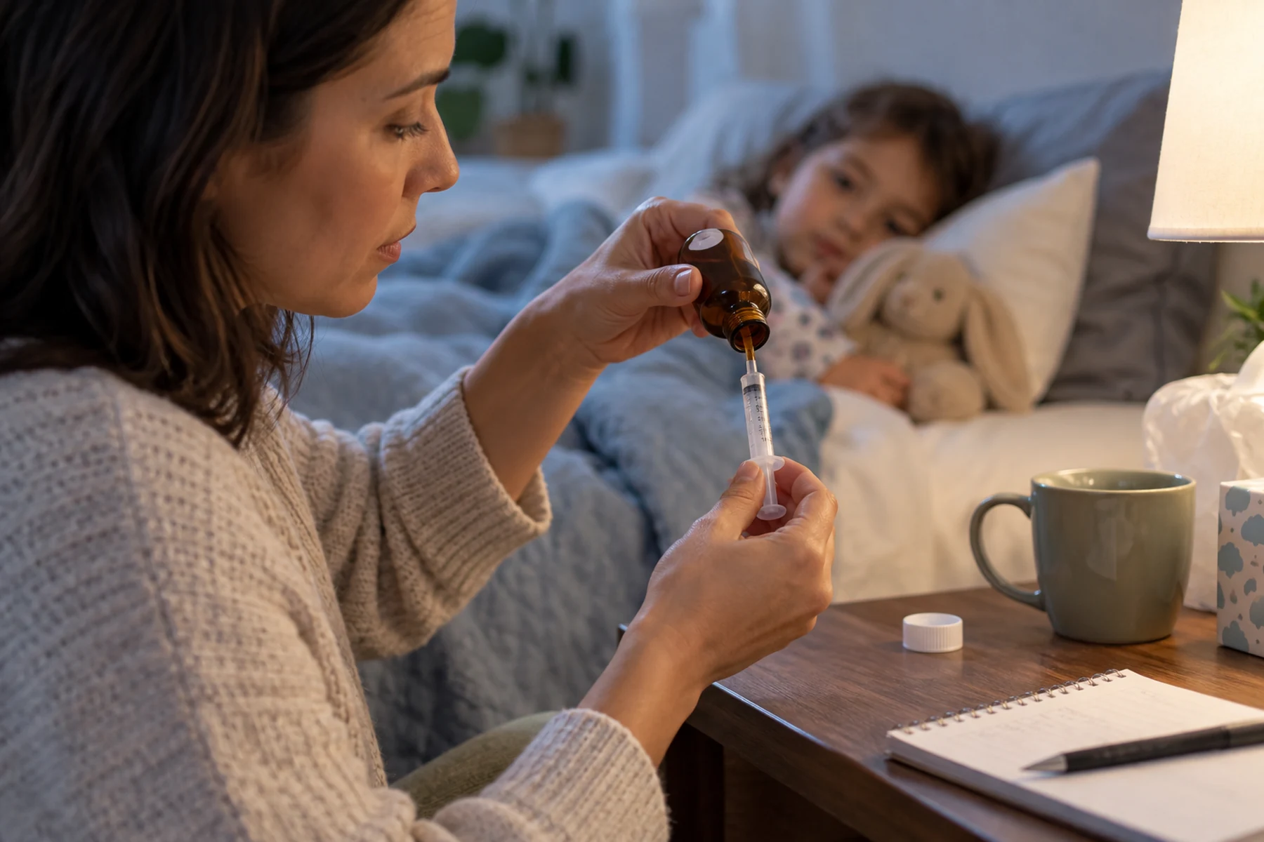 Caregiver measuring liquid medicine with an oral syringe while reviewing written instructions
