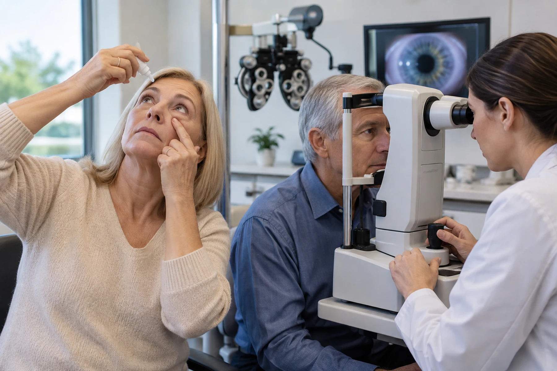 Eye patient reviewing steroid-drop technique and pressure follow-up with an ophthalmology clinician
