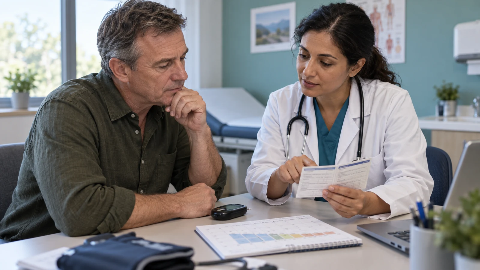 Adult reviewing a steroid medication plan, glucose meter, and vaccination record with a clinician