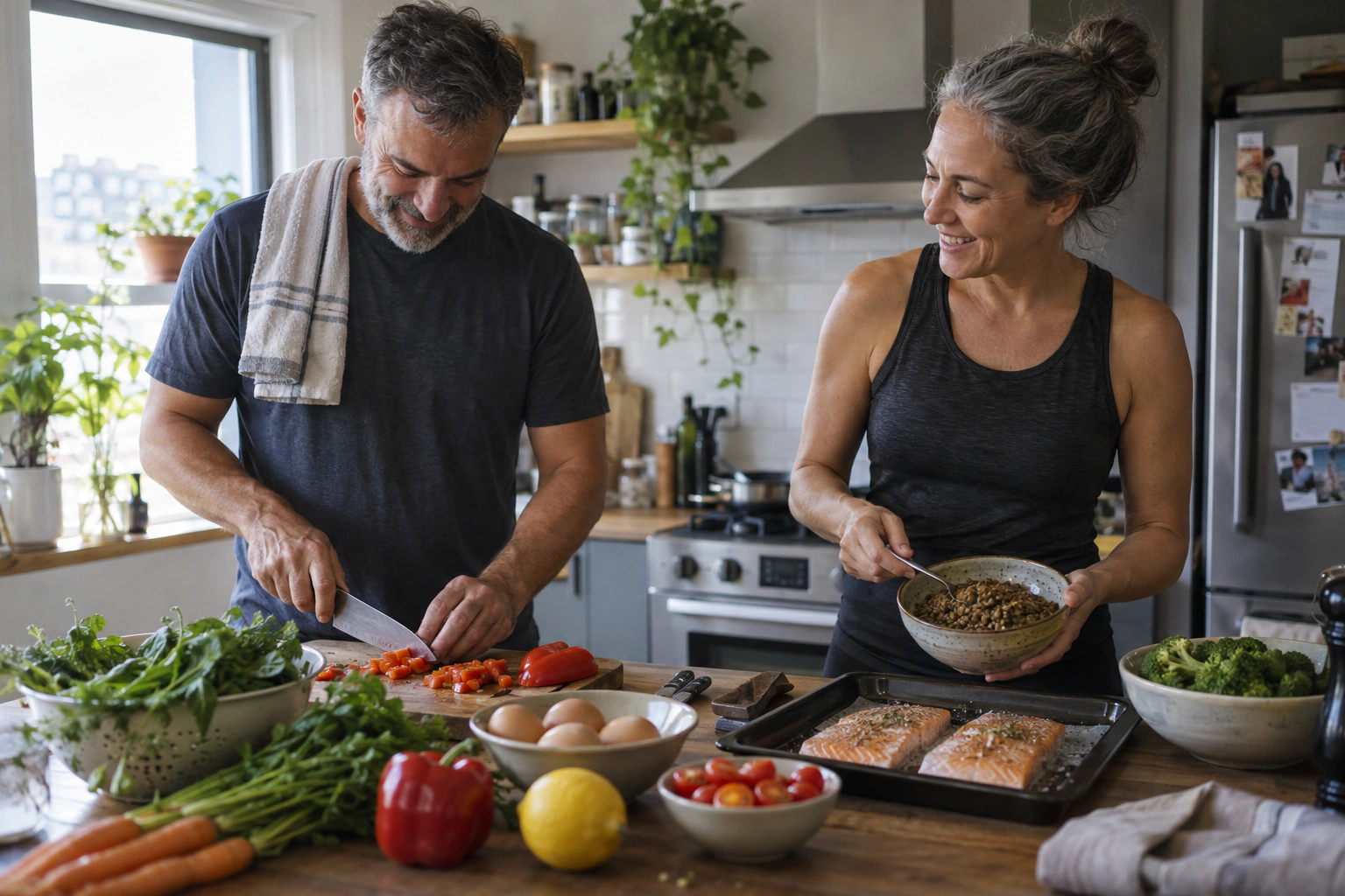 Middle-aged adult preparing an ordinary protein-rich meal beside a strength-training notebook