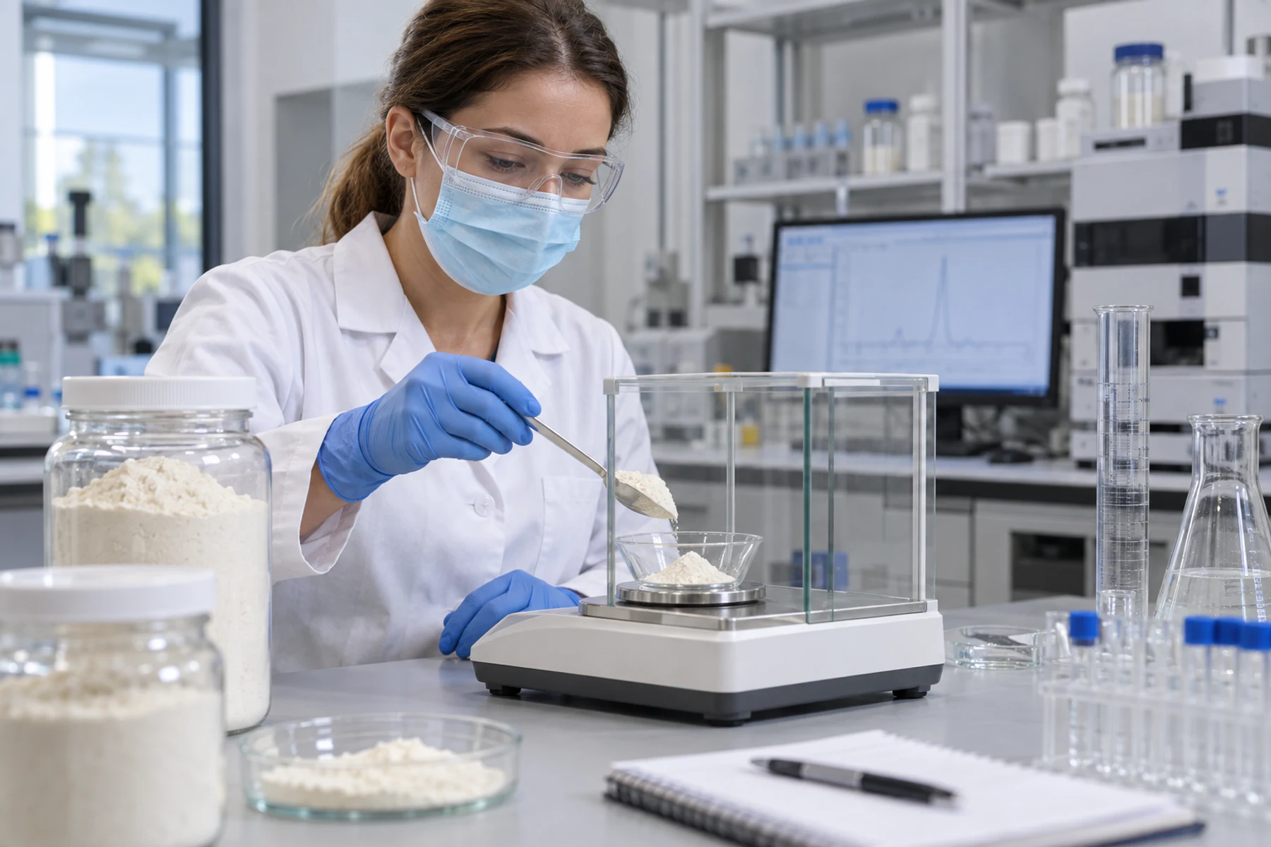 Laboratory scientist weighing an unbranded protein powder sample for contaminant testing