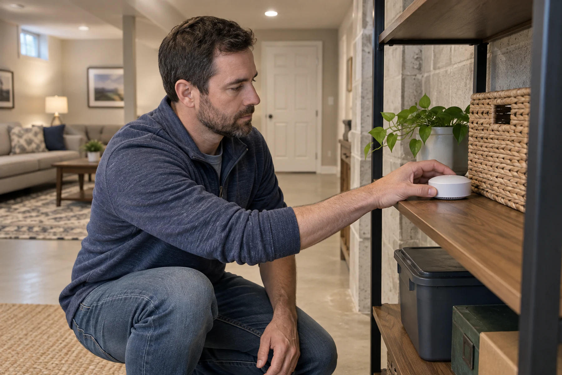 Homeowner placing an unbranded radon test device on a basement shelf