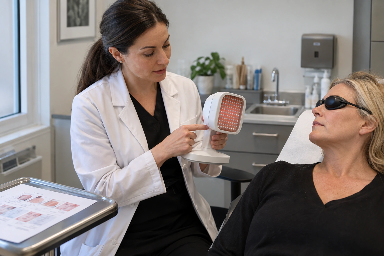 A dermatologist demonstrating a regulated red light device with protective eyewear in a clinic