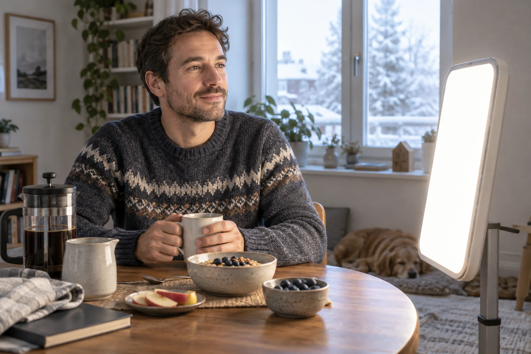 Adult using a clinical light box at a winter breakfast table without staring directly at it