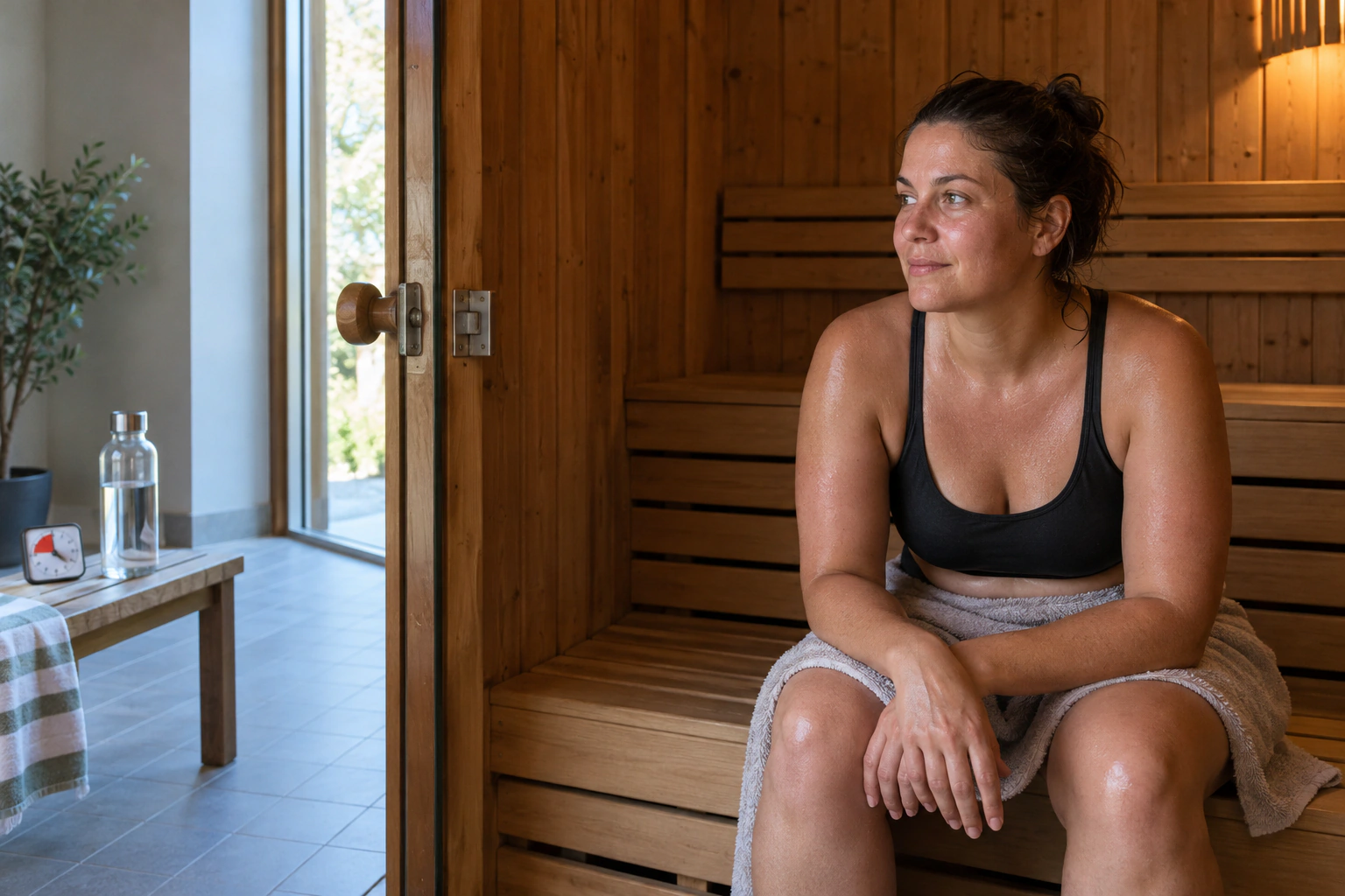 An adult sitting calmly near the exit of a clean wooden sauna with water and a timer outside