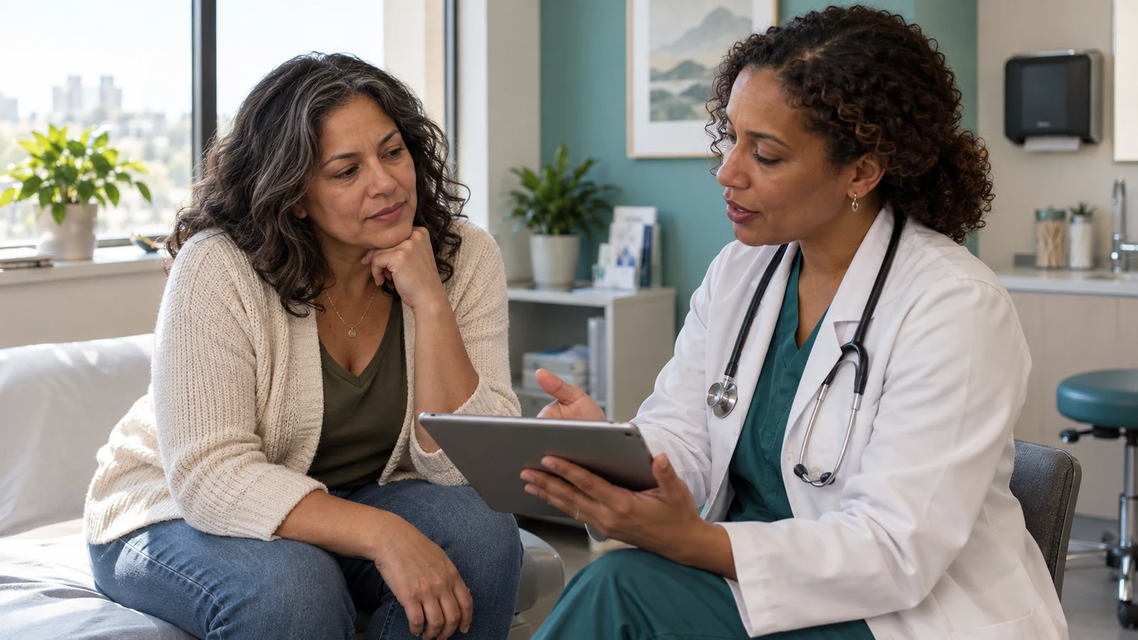 Woman discussing sexual symptoms and treatment goals with a clinician in a private office