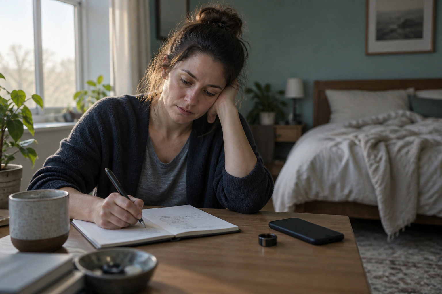 A tired adult calmly writing a paper sleep diary beside a face-down wearable and phone