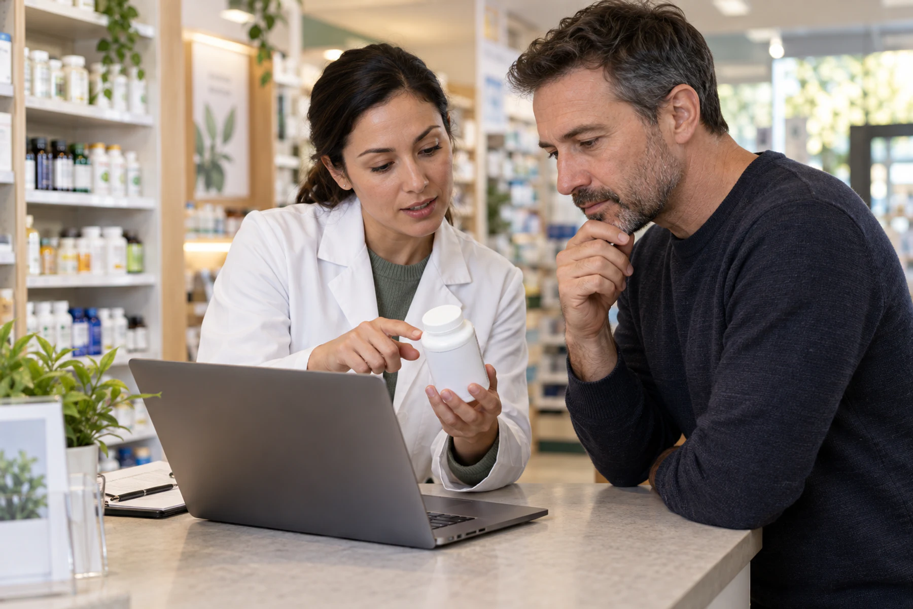 Pharmacist helping an adult verify an unbranded supplement certification in an online registry