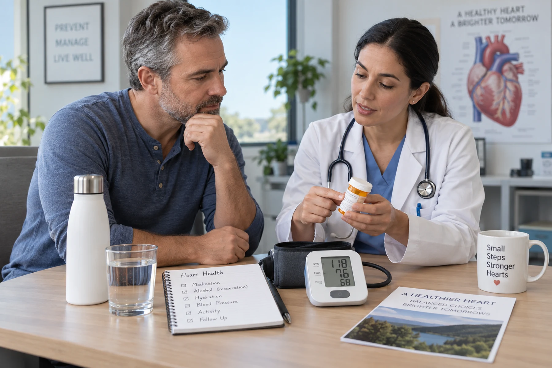 Adult reviewing tadalafil timing, alcohol intake, and blood pressure medicines with a clinician