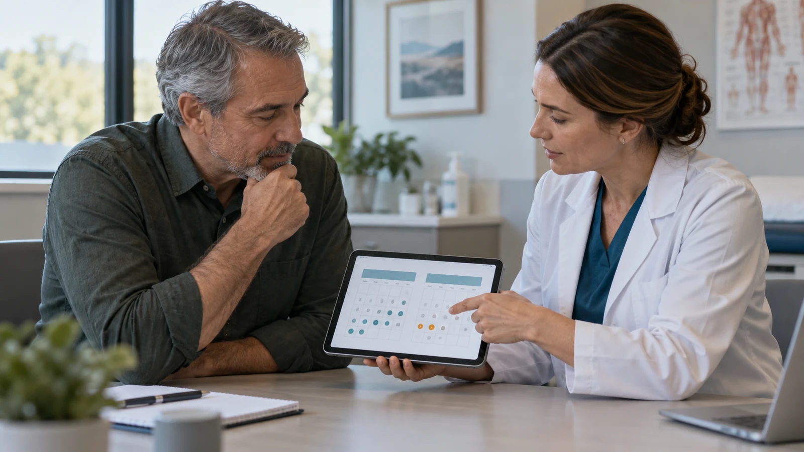 Adult comparing two medication schedules with a clinician in a private consultation