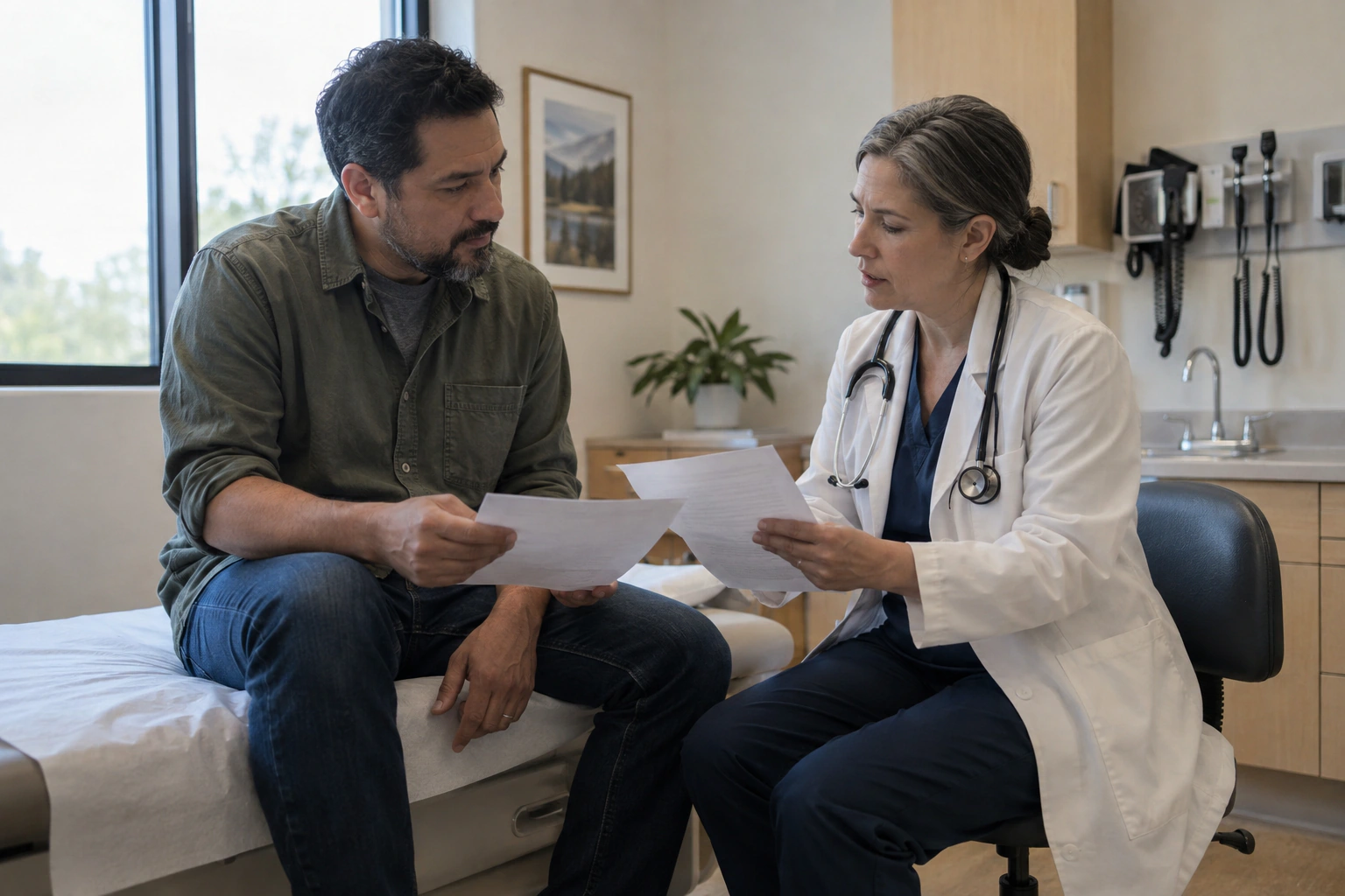 Adult discussing hormone laboratory results and fertility plans with a clinician