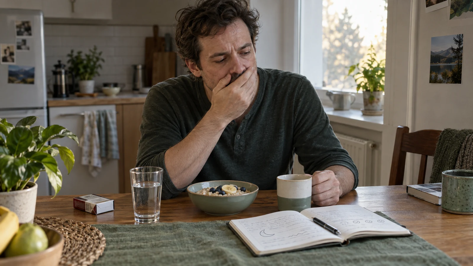 Adult at a kitchen table recording nausea and sleep changes during a quit-smoking plan