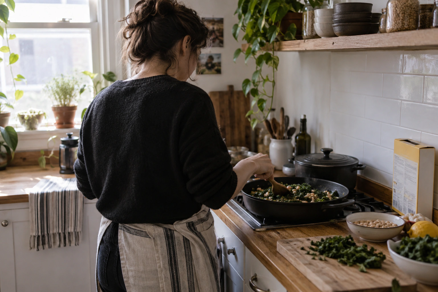 Vegetarian adult checking fortified-food and vitamin B12 labels in a bright kitchen