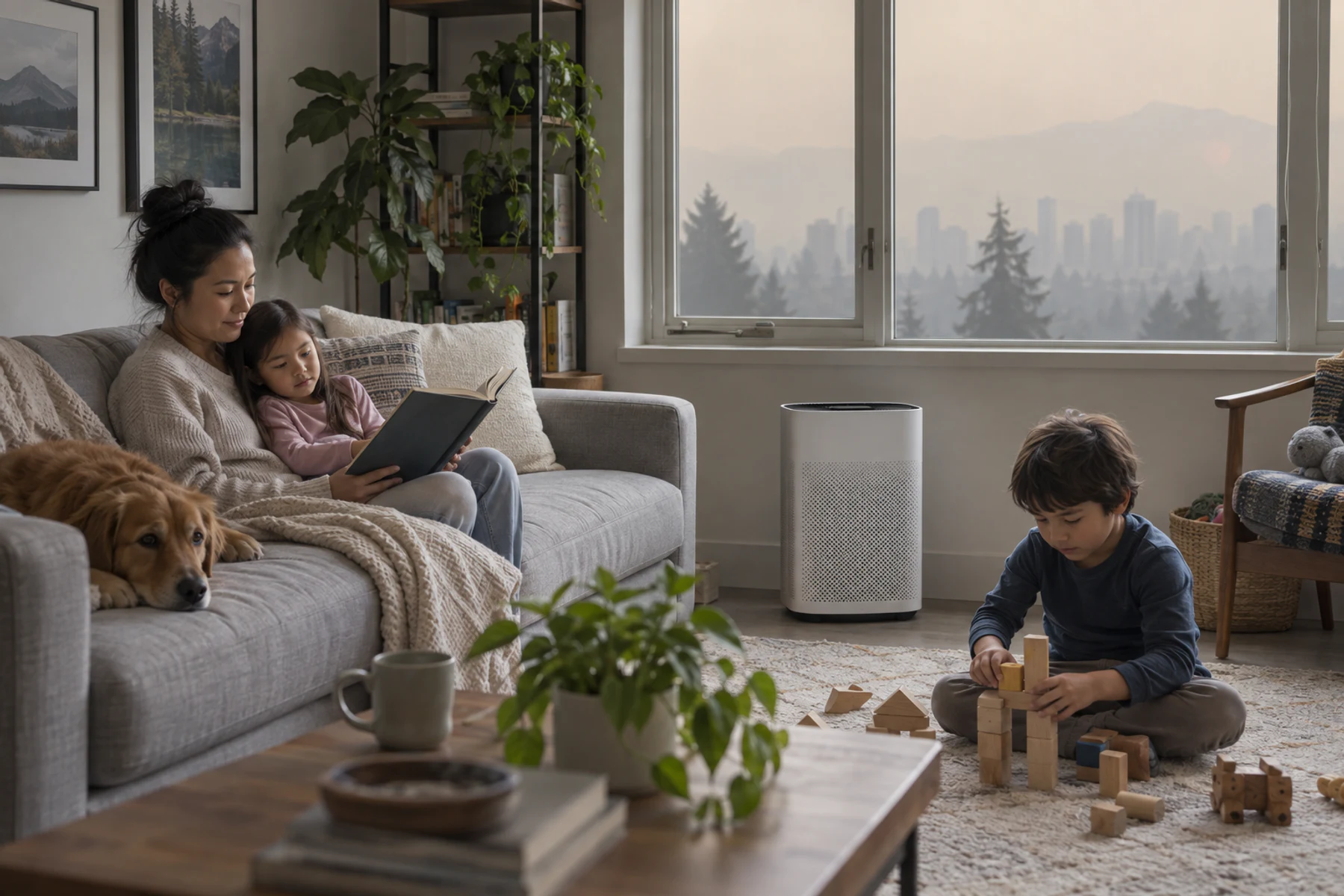 Family in a clean room with a portable air cleaner while wildfire haze is visible outside